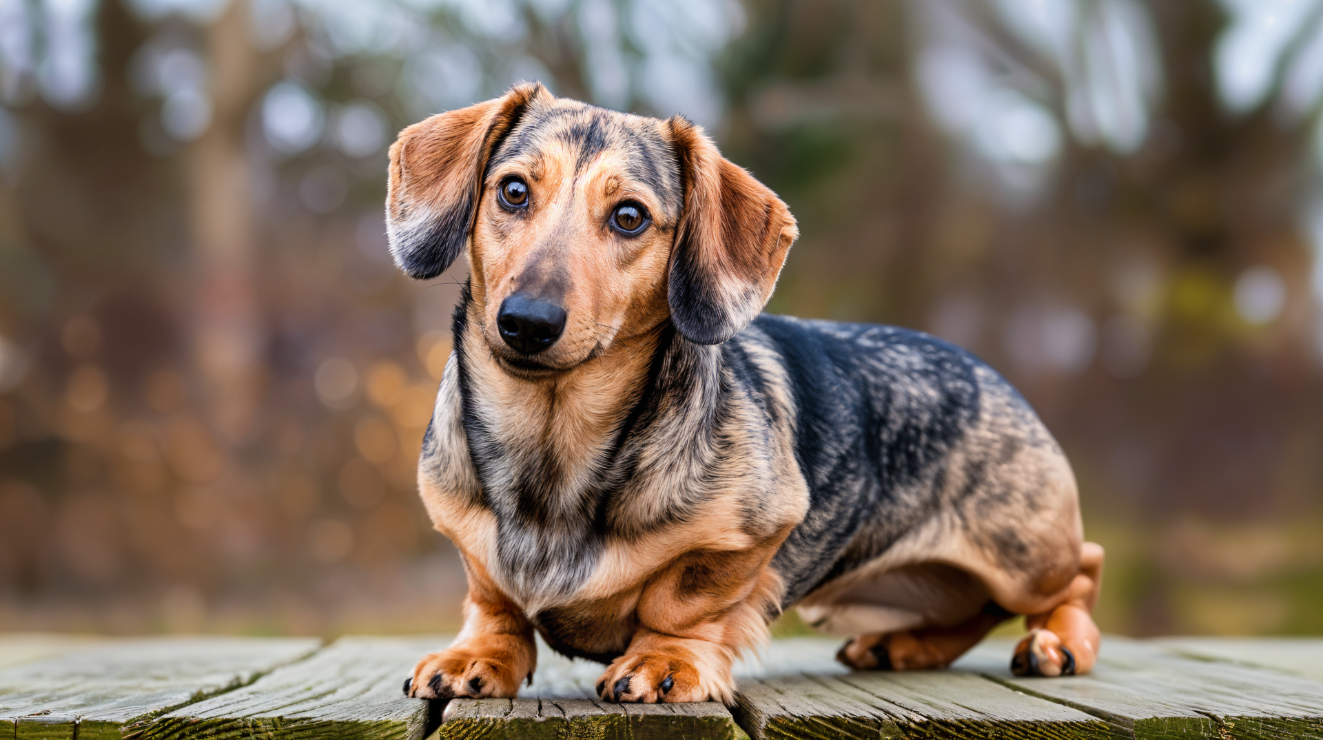 A charming dachshund sits on a wooden surface, showcasing its distinct markings and playful expression. This image serves as a vibrant 4K Ultra HD desktop wallpaper.