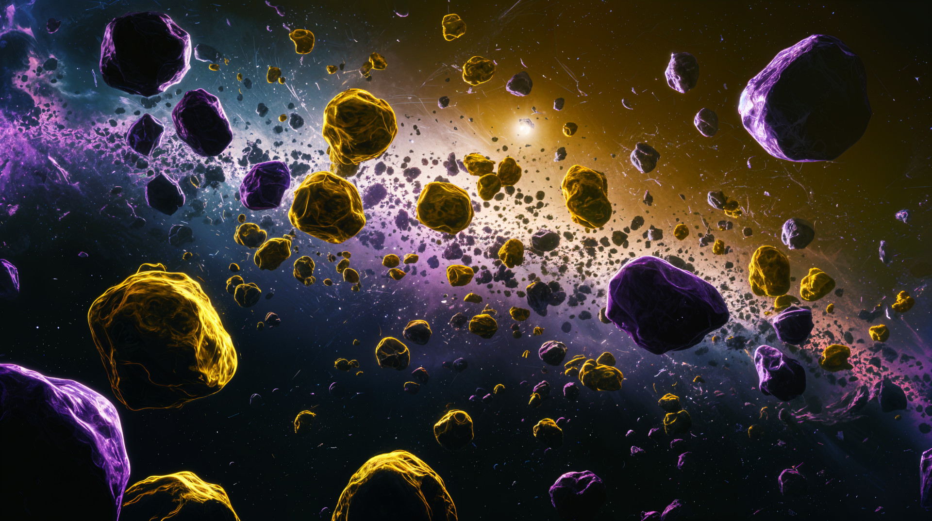 A breathtaking 4K Ultra HD desktop wallpaper depicting a vibrant asteroid field, showcasing colorful asteroids floating through a cosmic backdrop of ethereal light.