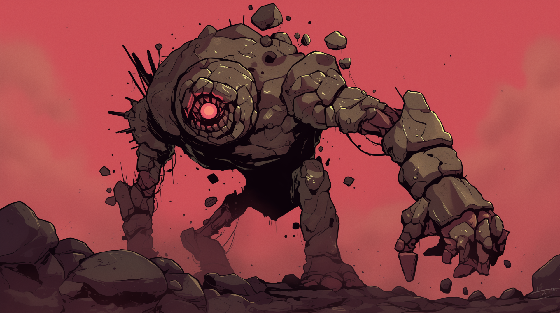 HD PC desktop wallpaper depicting a powerful stone golem creature with glowing red eye, set against a muted red background.