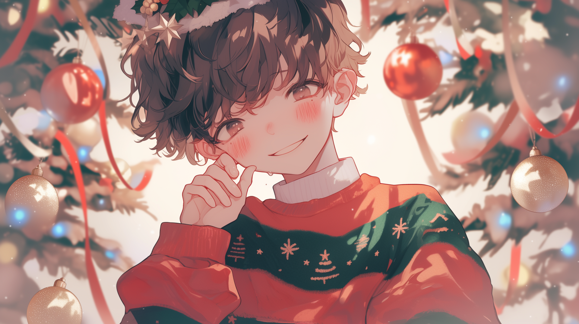 An anime boy wearing a festive Christmas sweater smiles playfully, surrounded by a beautifully decorated Christmas tree adorned with ornaments and ribbons.