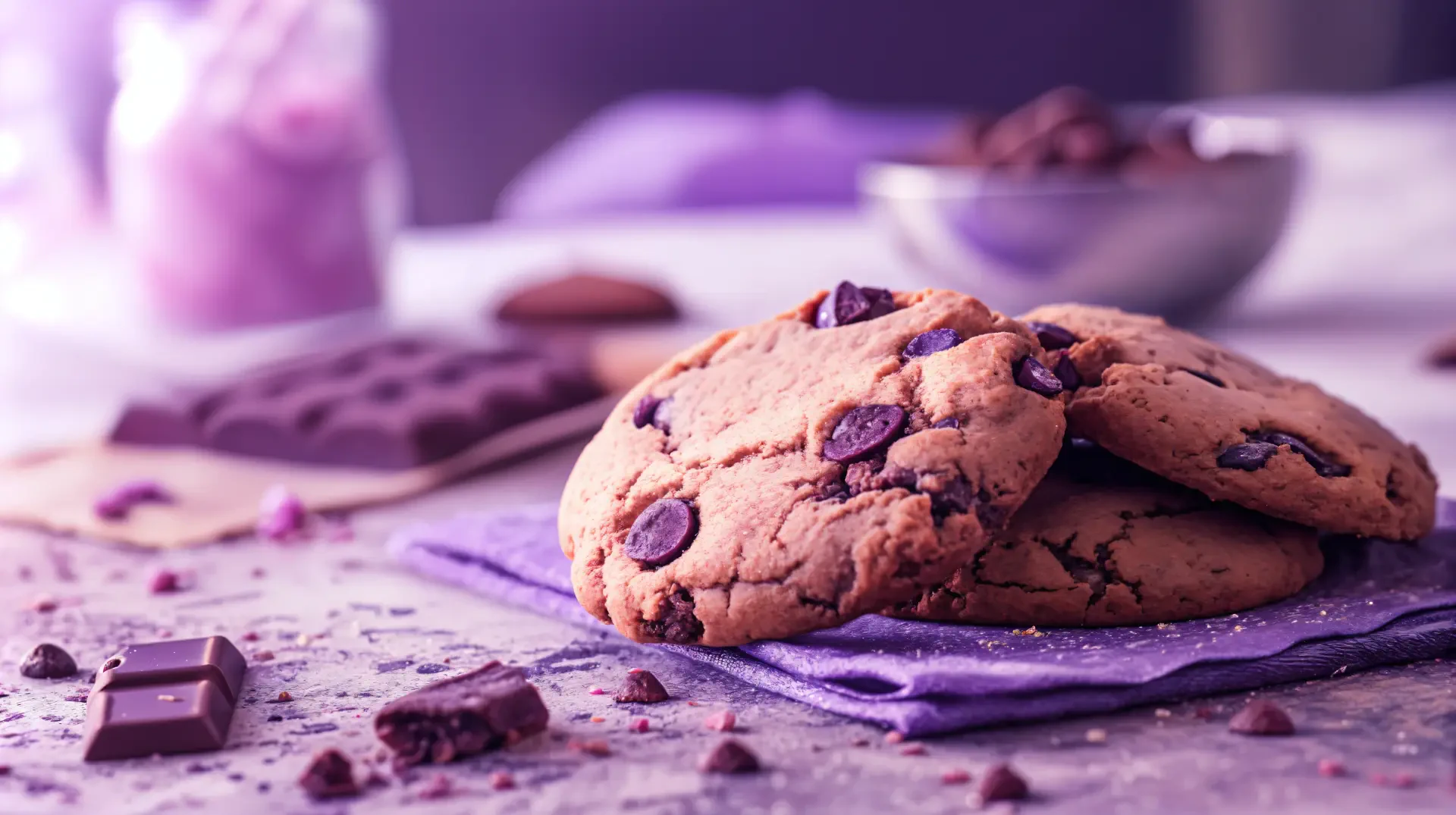 A close-up of delicious chocolate chip cookies on a purple cloth, surrounded by chocolate pieces and a jar, set against a soft-focus, pastel background. 4K Ultra HD wallpaper.