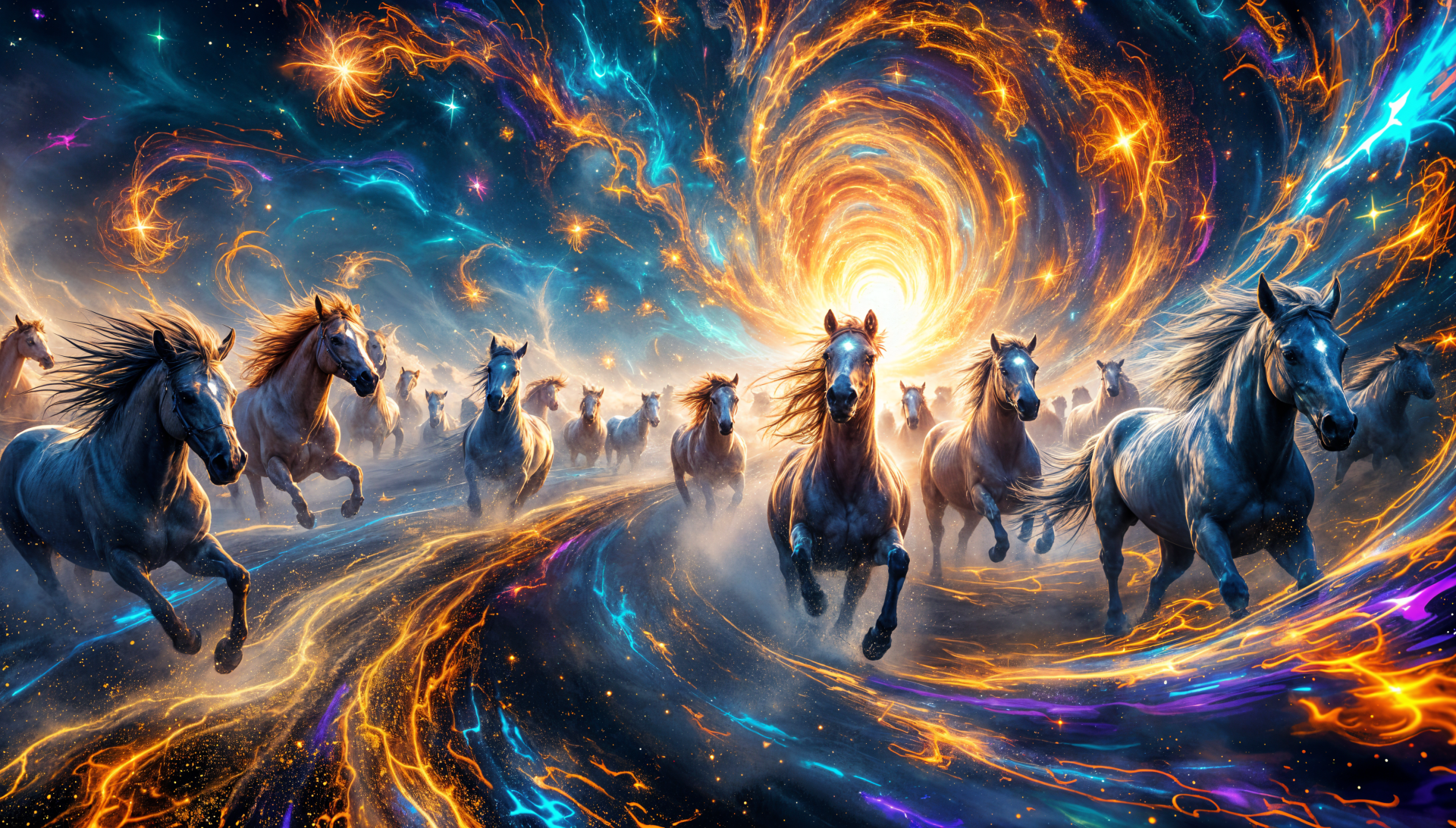 A vibrant 4K Ultra HD desktop wallpaper featuring a dynamic stampede of glowing horses racing through a swirling cosmic backdrop of colors and light.