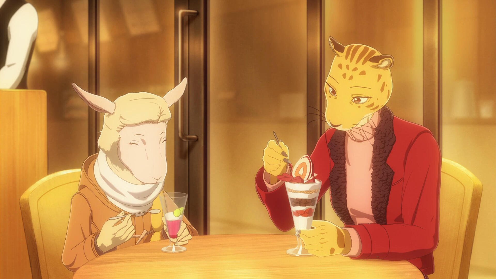 A vibrant HD desktop wallpaper featuring Sheila from Beastars and a sheep character enjoying desserts at a cafe, capturing the show's unique blend of warmth and intrigue.