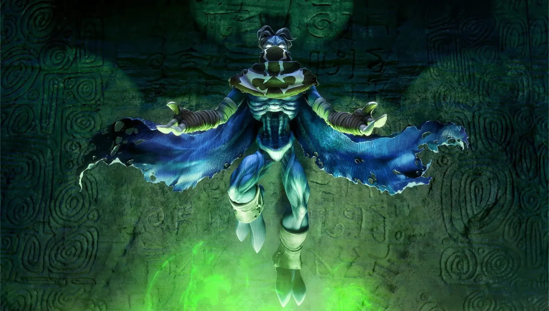 A dramatic HD wallpaper from the video game Legacy of Kain: Soul Reaver 1 & 2 Remastered, featuring a powerful character amidst a mystical green aura and ancient symbols.