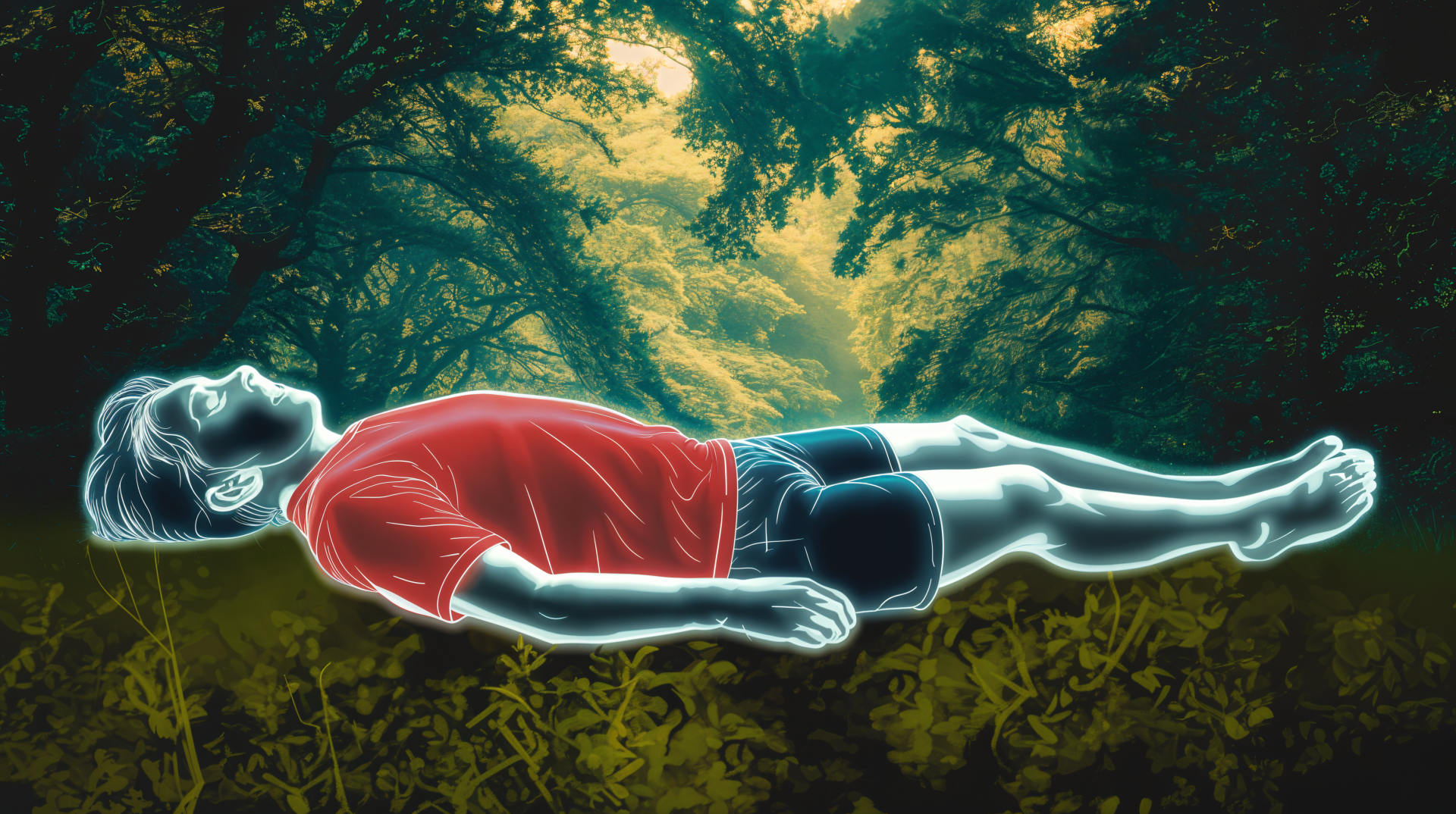 A tired figure in a red shirt floats peacefully amidst a vibrant forest landscape, captured in stunning 4K Ultra HD, creating a serene and introspective atmosphere.