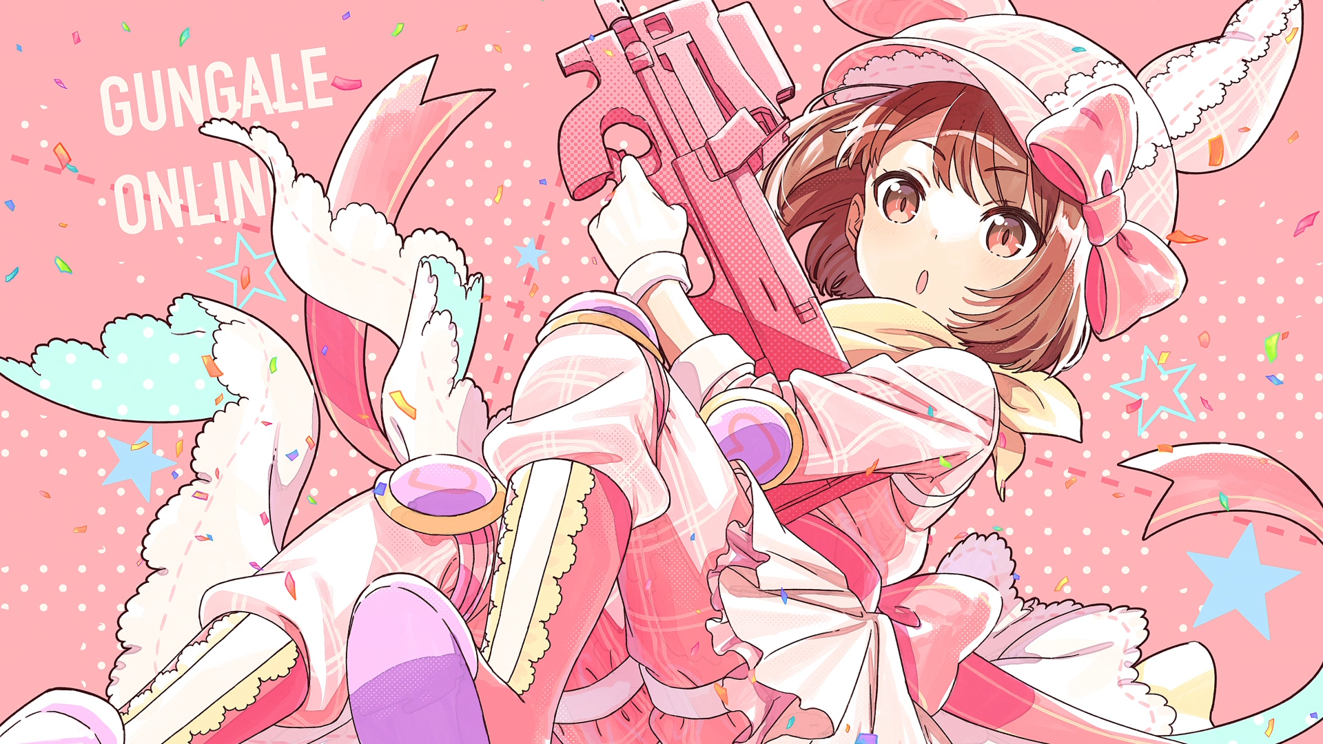HD anime wallpaper featuring LLENN from Sword Art Online Alternative: Gun Gale Online, posed with her signature pink sniper rifle against a pastel pink background.