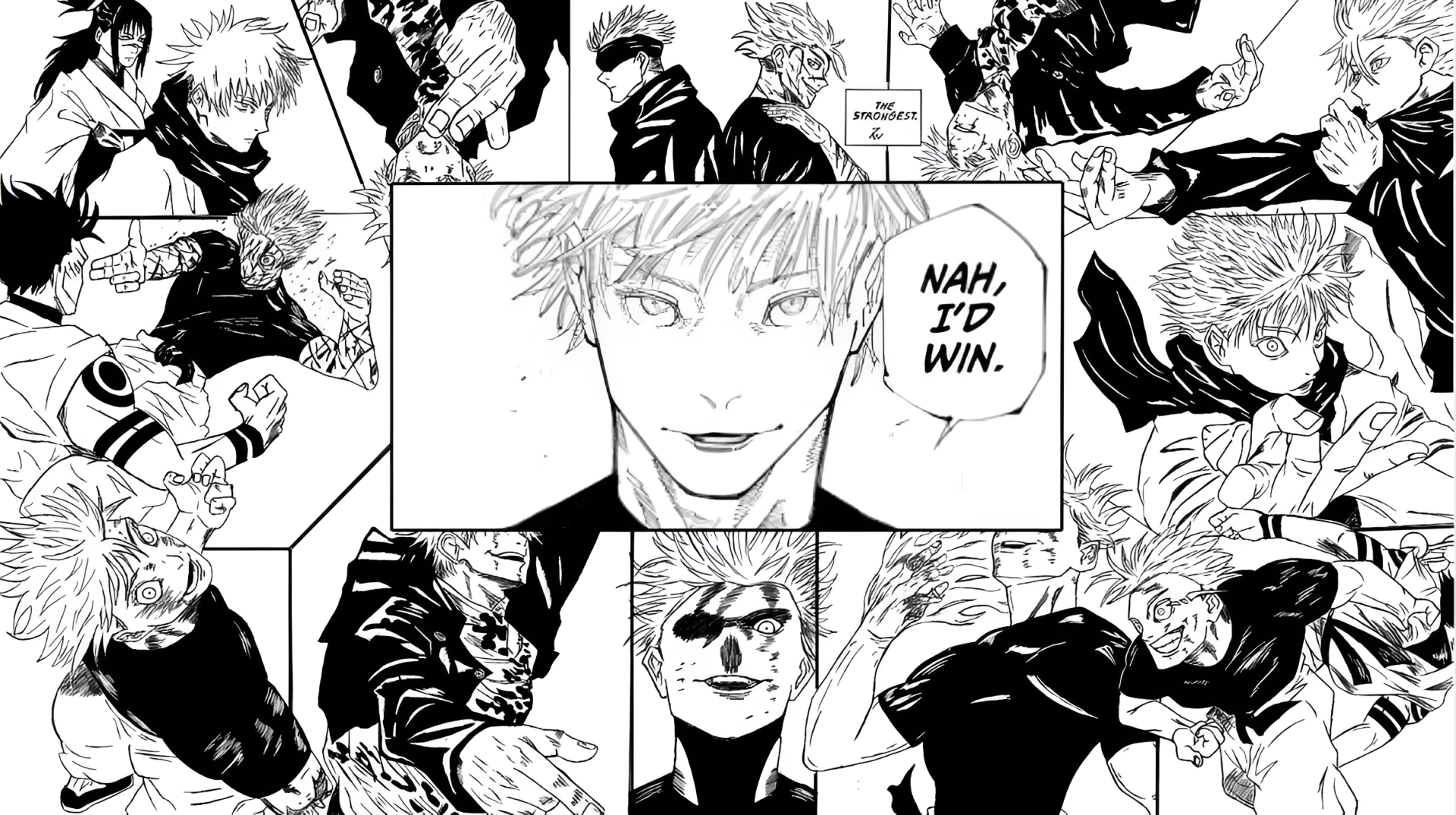HD PC desktop wallpaper and background: black-and-white manga collage of action panels with a central close-up character saying Nah, I'd win.
