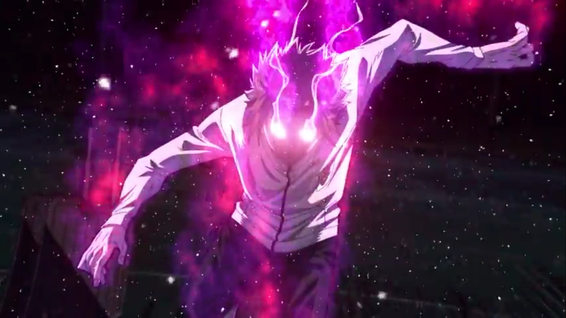 HD PC desktop wallpaper featuring Sae Itoshi from Blue Lock, depicted with glowing eyes and surrounded by vibrant purple and pink energy effects in a dynamic pose.