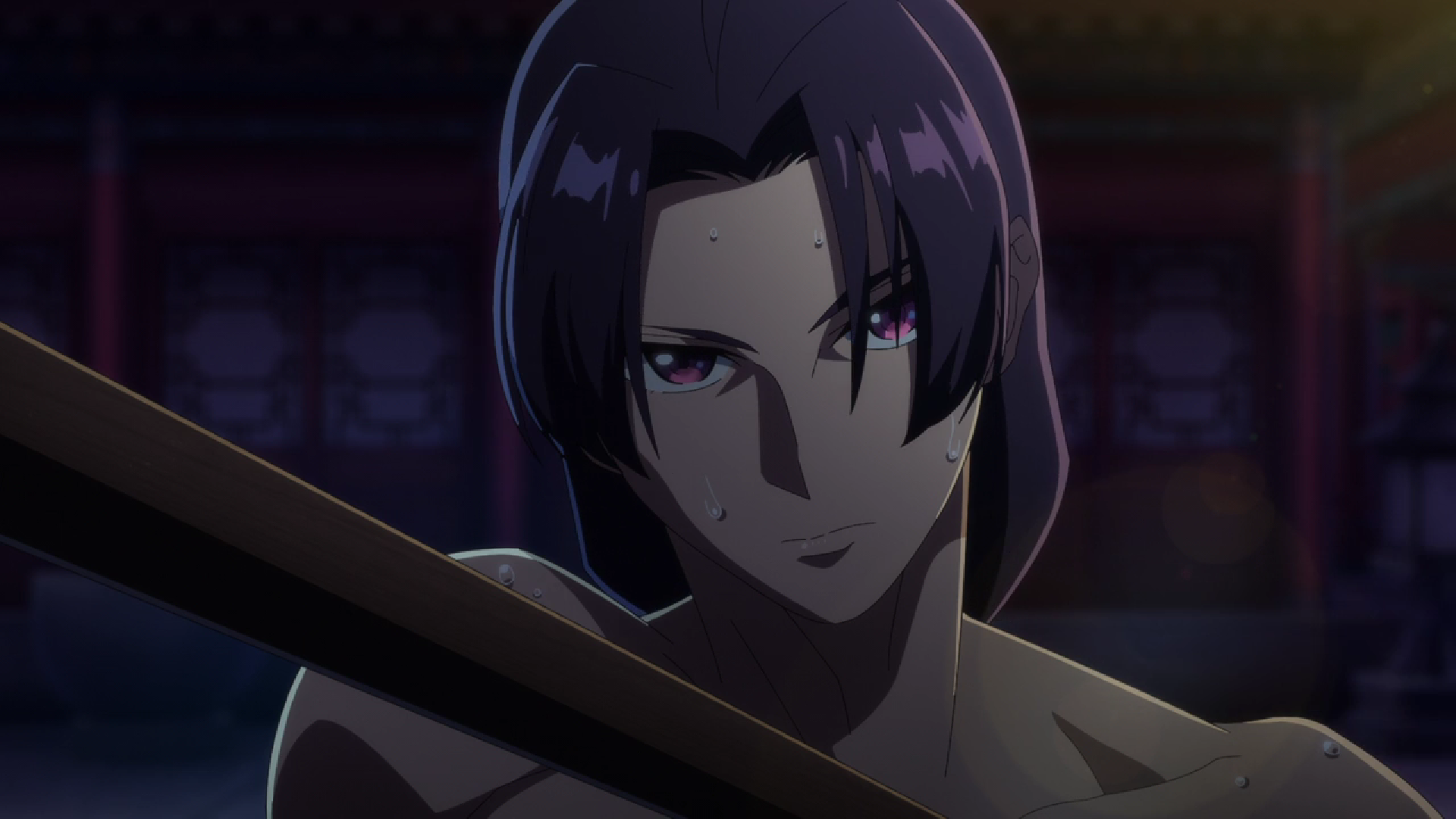 HD PC desktop wallpaper featuring Jinshi from The Apothecary Diaries with a dark, intense expression and atmospheric background.