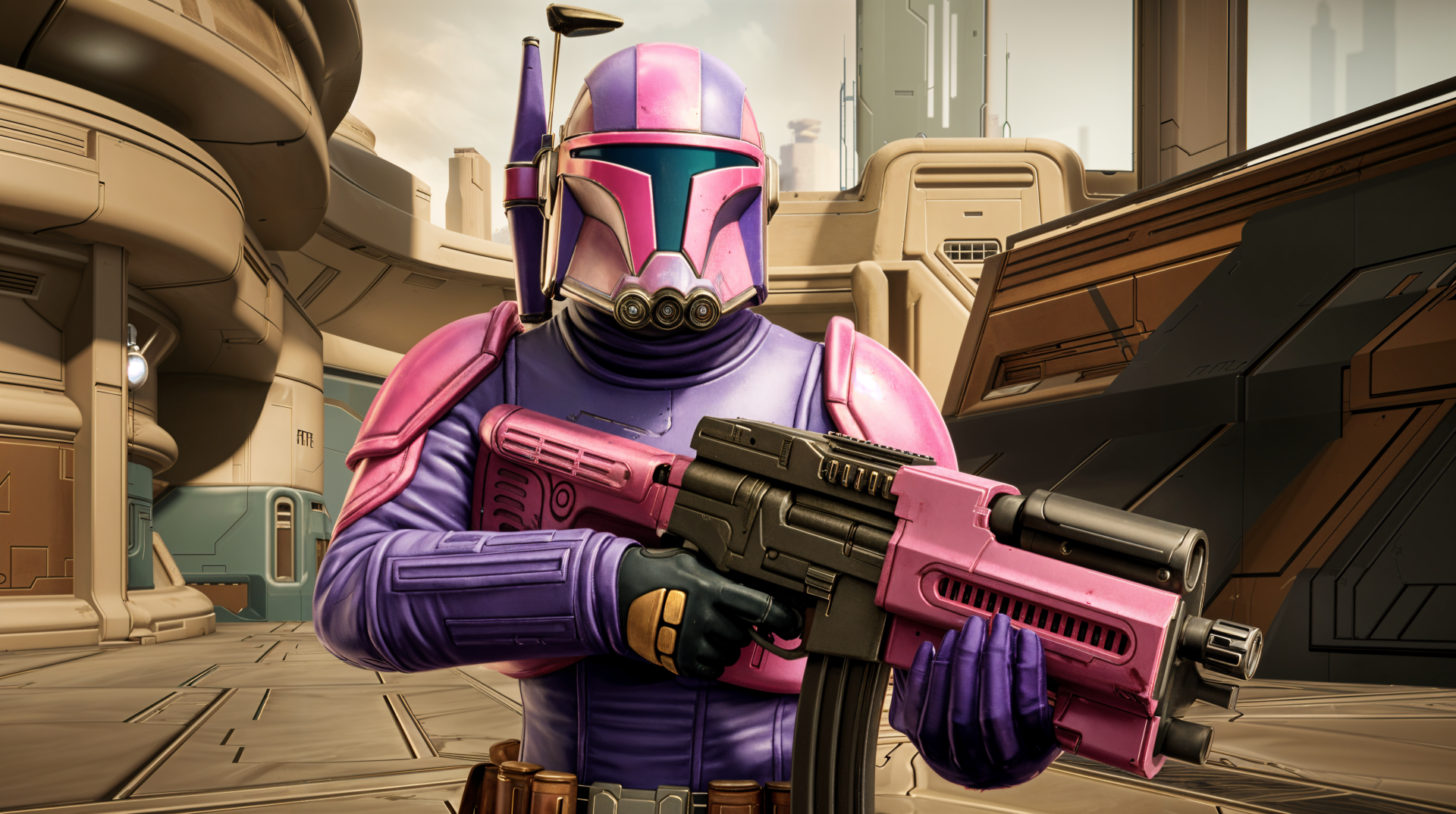 A colorful bounty hunter in a pink and purple suit, holding a futuristic weapon, stands in a sci-fi setting, creating an engaging 4K Ultra HD desktop wallpaper.