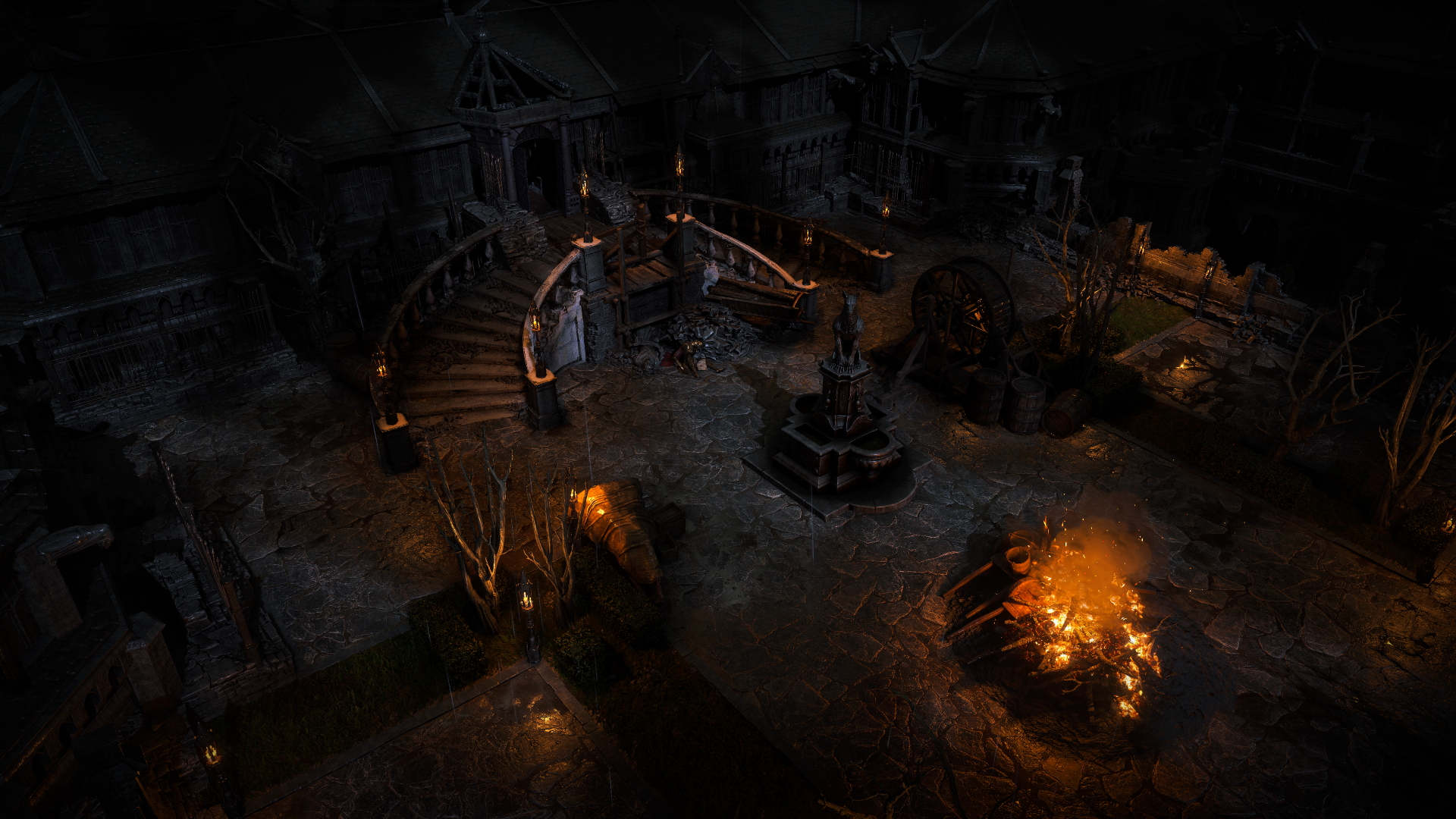 A dark, atmospheric scene from Path of Exile 2 featuring gothic architecture, illuminated by flickering firelight and surrounded by eerie trees, set as a stunning 4K Ultra HD wallpaper.