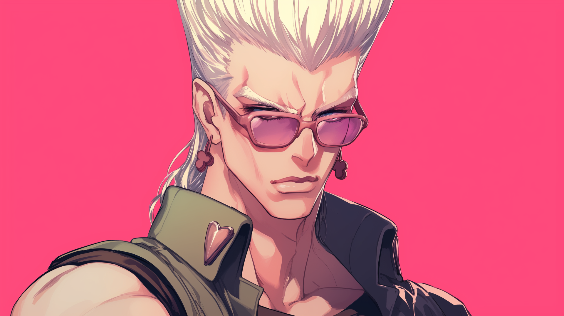 Anime artwork featuring Jean Pierre Polnareff from Jojo's Bizarre Adventure, showcasing his iconic sunglasses against a vibrant pink background. High-definition PC desktop wallpaper.