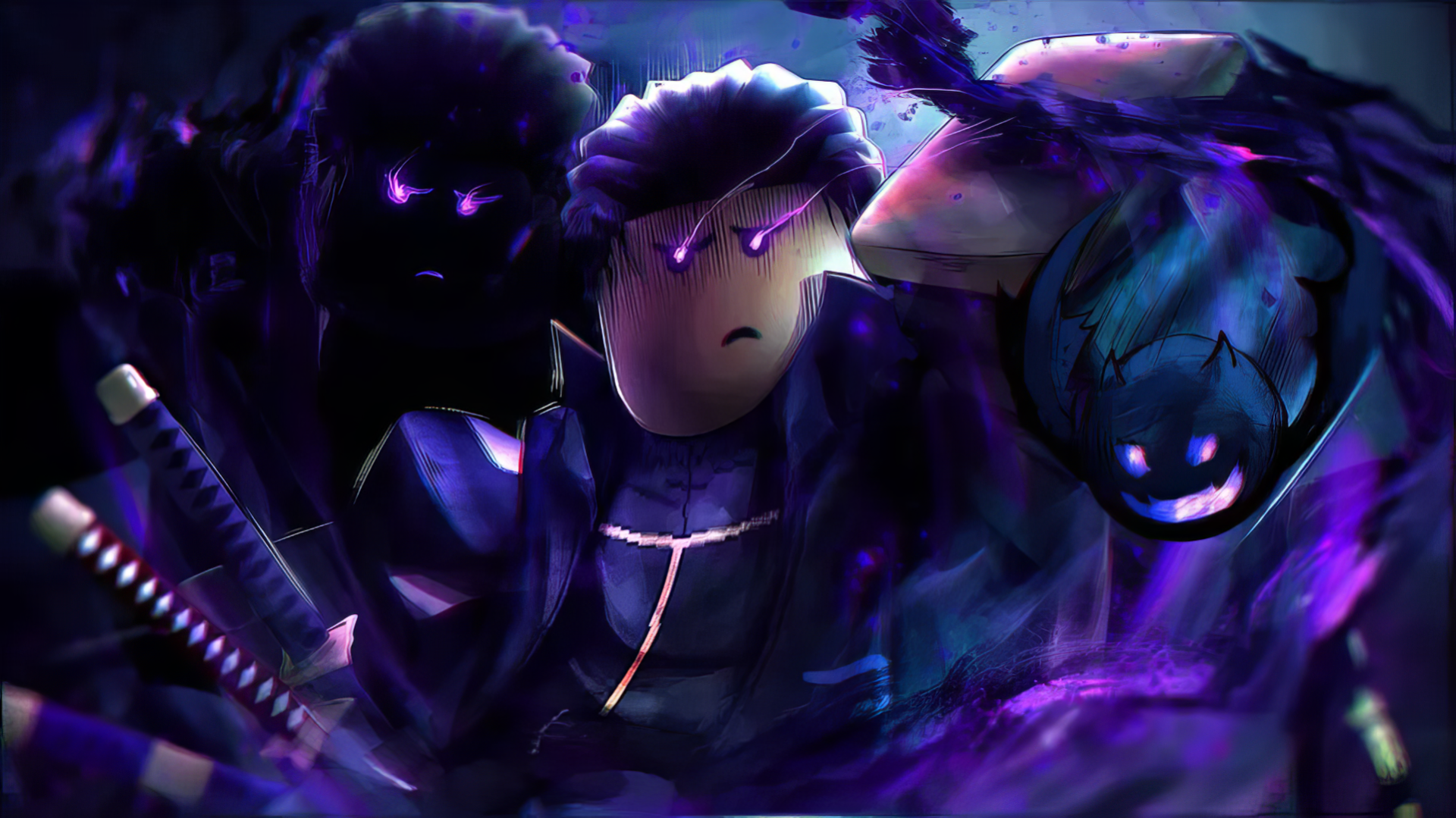 A dynamic HD desktop wallpaper featuring characters from the popular video game Roblox, specifically from Blox Fruits, showcasing vibrant colors and action-packed elements.