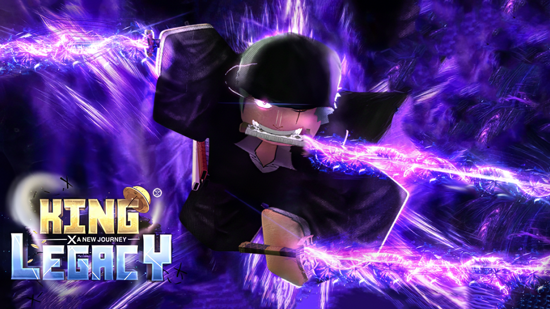 A dynamic HD desktop wallpaper showcasing a character from the Roblox game Blox Fruits, set against a vibrant purple background with electrifying energy effects.
