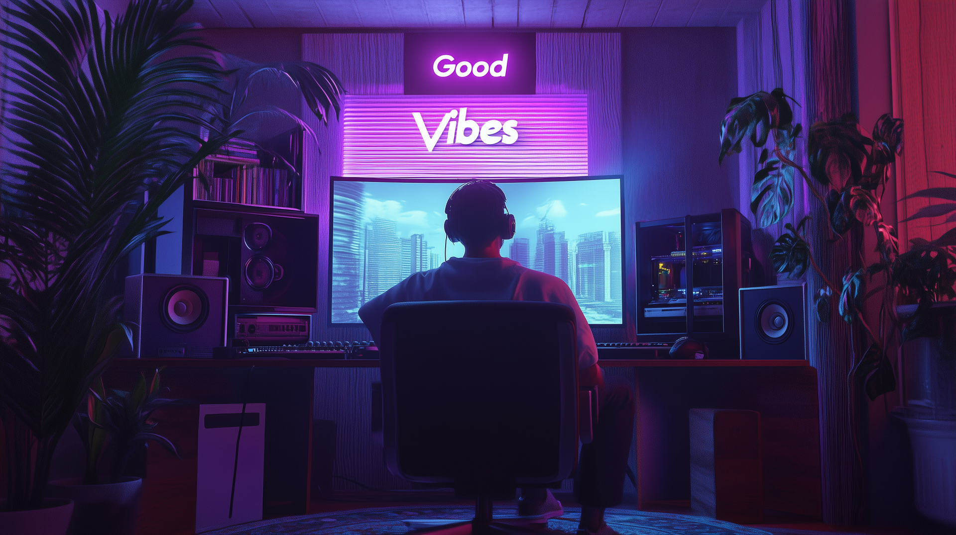 A serene gamer sits in a dimly lit room, surrounded by plants and tech, focused on a vibrant screen displaying cityscapes. Neon sign reads Good Vibes, encapsulating a lofi atmosphere.