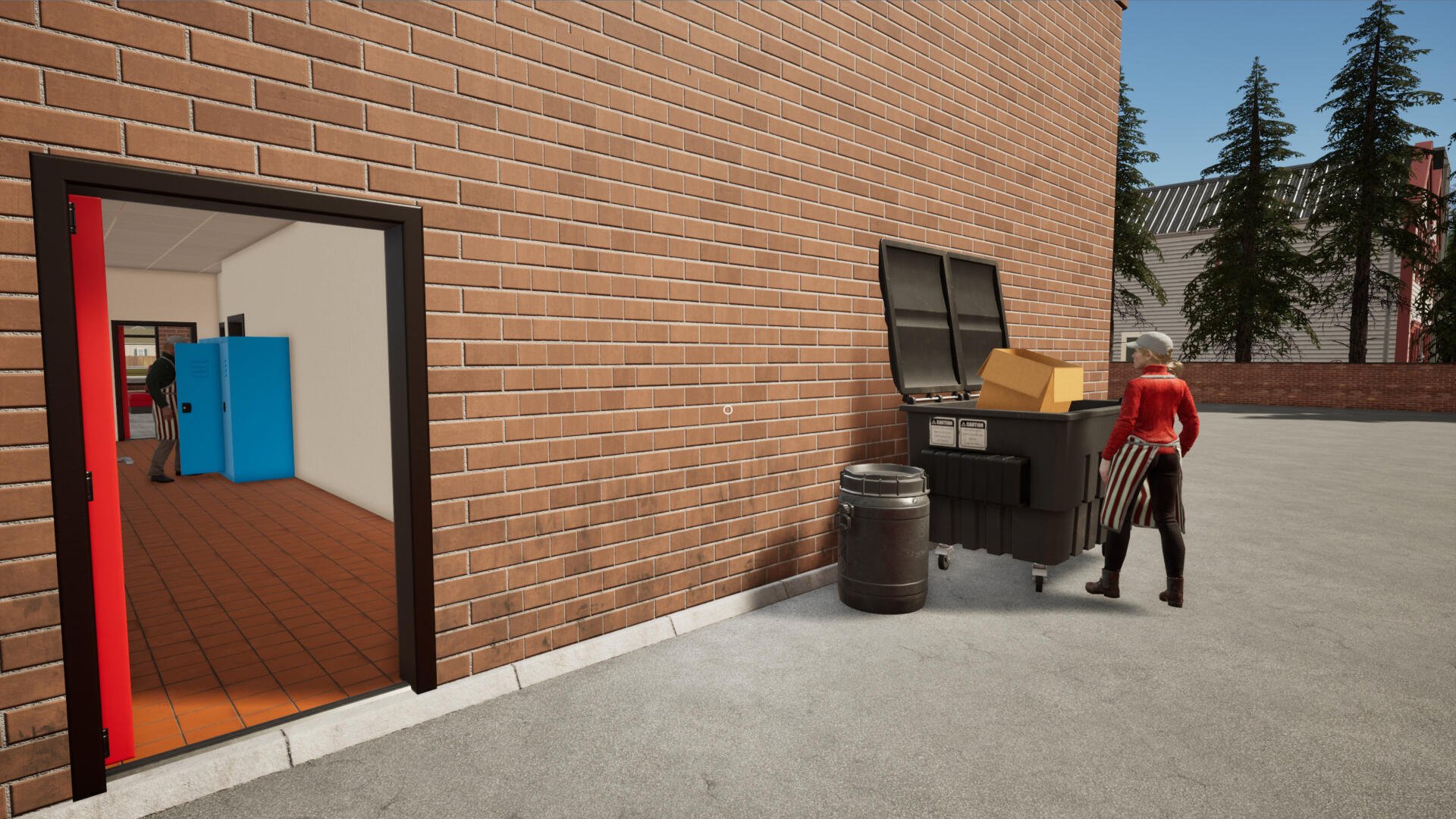 A vibrant 4K Ultra HD wallpaper featuring a scene from Fast Food Simulator, showcasing a character near a dumpster behind a brick building, with trees in the background.