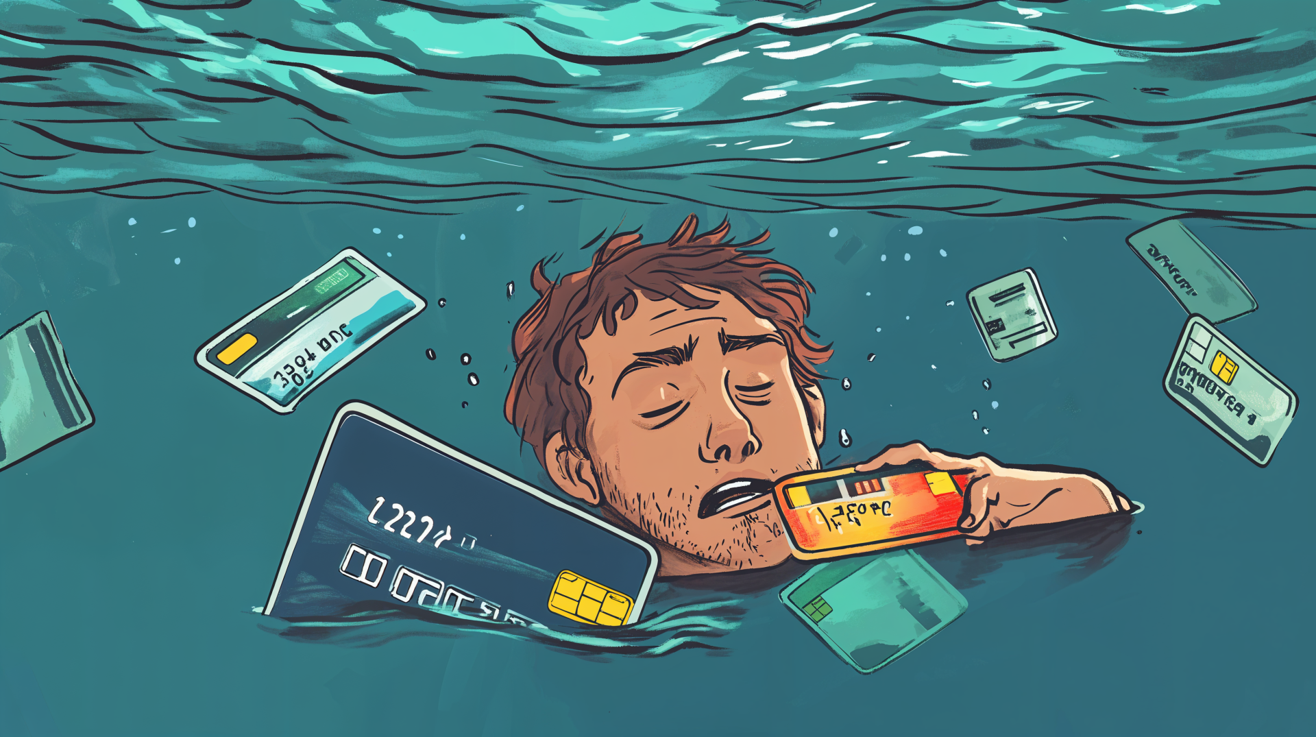 A man struggling to stay afloat in water surrounded by floating credit cards, visually representing the burden of credit card debt. This 4K Ultra HD image serves as a striking desktop wallpaper.
