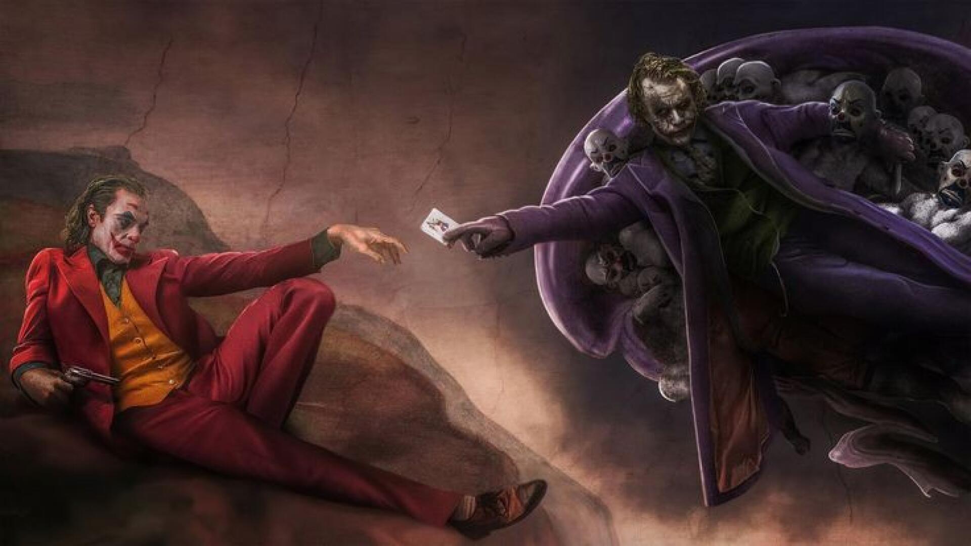 HD PC desktop wallpaper of two Joker figures — one in a red suit, the other cloaked in shadow — reaching toward each other as a playing card floats between them against a moody backdrop.