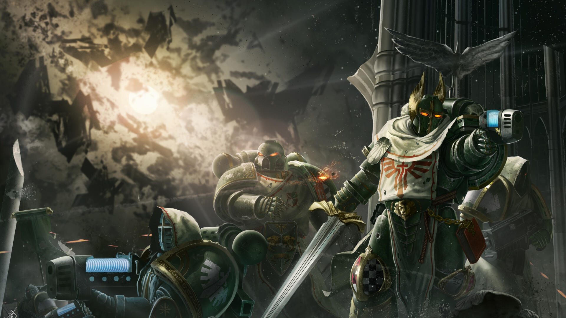 HD wallpaper featuring Dark Angels from Warhammer 40k, showcasing armored warriors in a dark, atmospheric setting with dramatic lighting and a dynamic background.