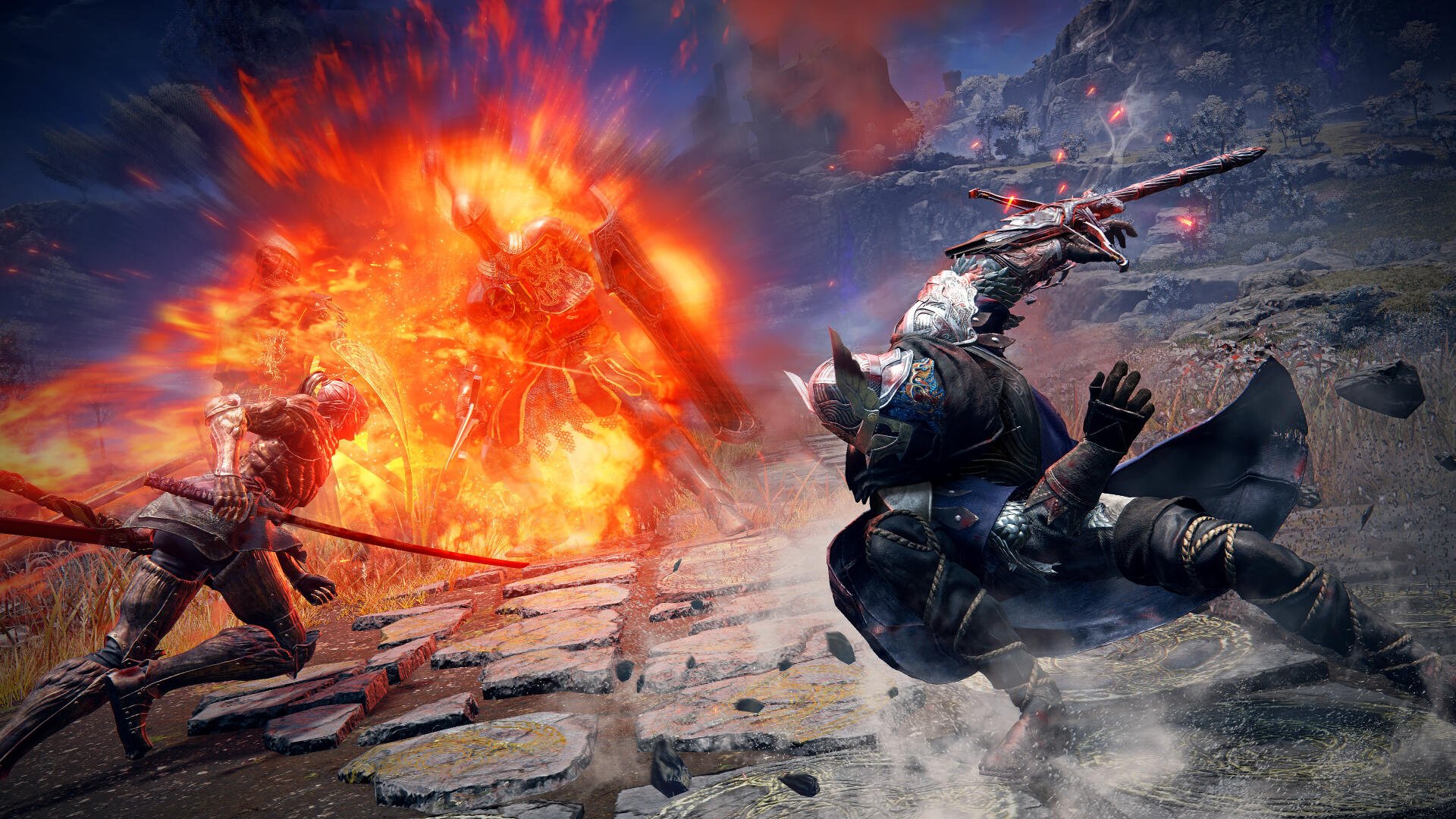 A dramatic scene from Elden Ring shows a knight facing a fiery explosion while battling an enemy, set against a detailed landscape. This 4K Ultra HD wallpaper captures intense action.