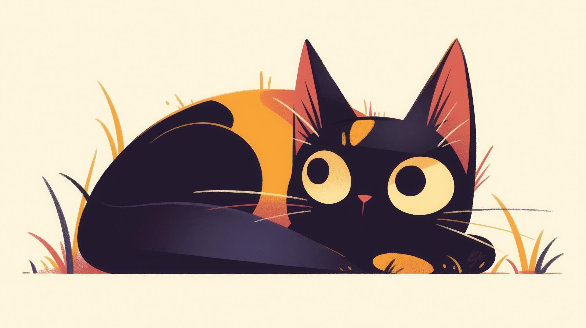 A cute, stylized cartoon cat with black and orange fur rests in grass, set against a soft background, making it a charming 4K Ultra HD desktop wallpaper.