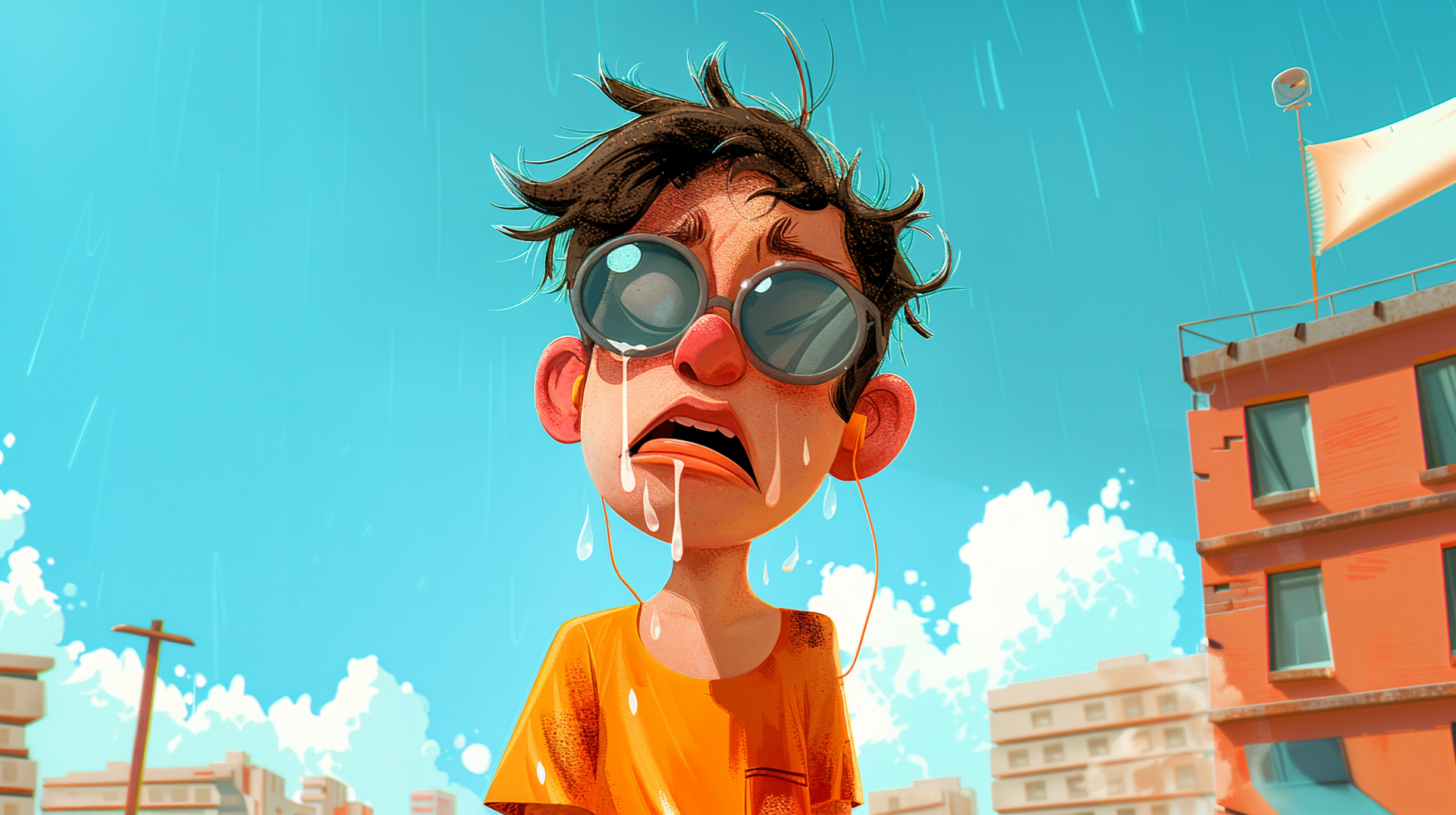 A vibrant 4K Ultra HD image features a boy in sunglasses, looking distressed under a bright, sunny sky, with melting tears and raindrops adding to the scene's playful atmosphere.