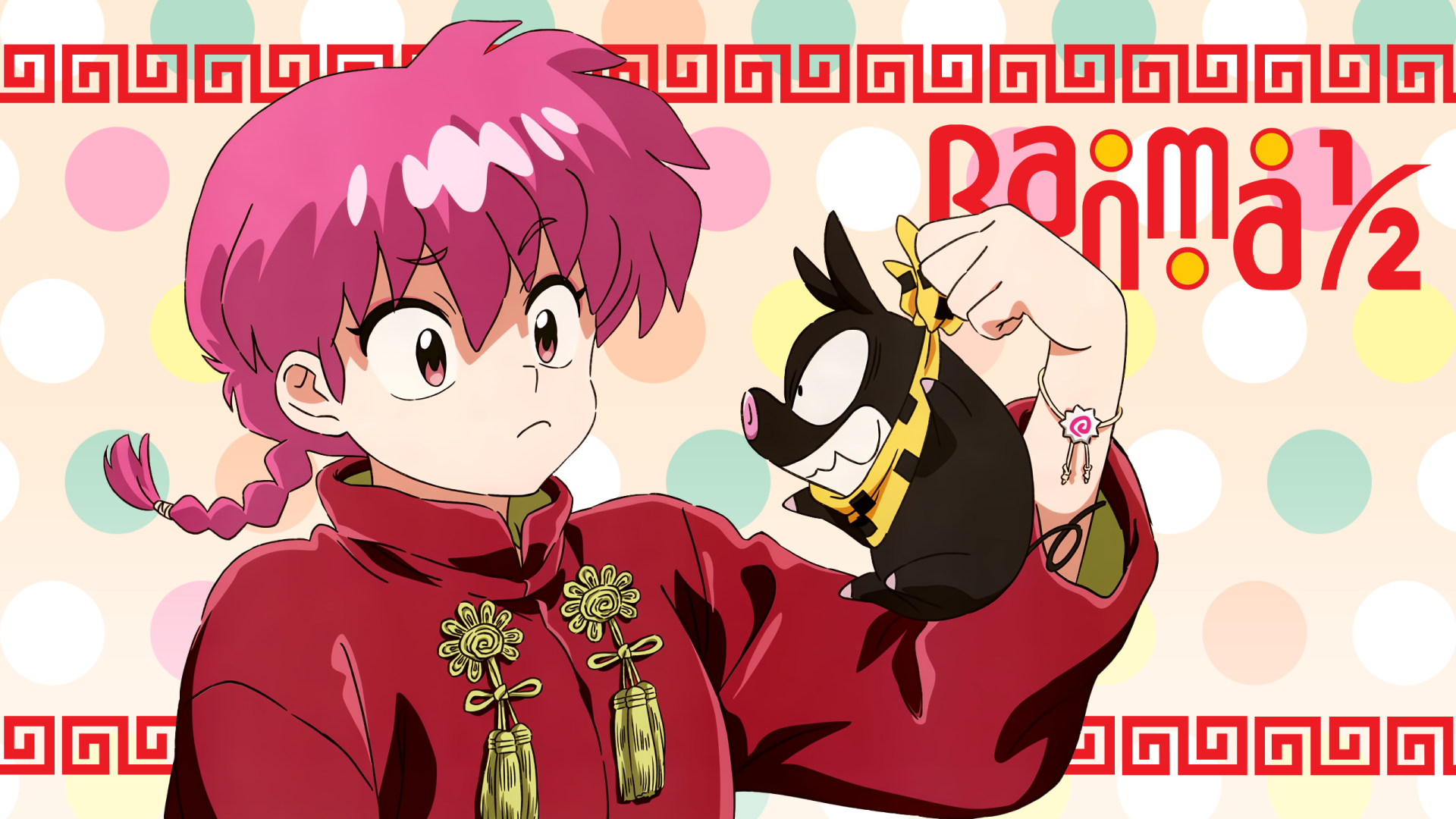 HD anime desktop wallpaper featuring Ranma Saotome from Ranma ½, holding a small black cat against a colorful, patterned background.