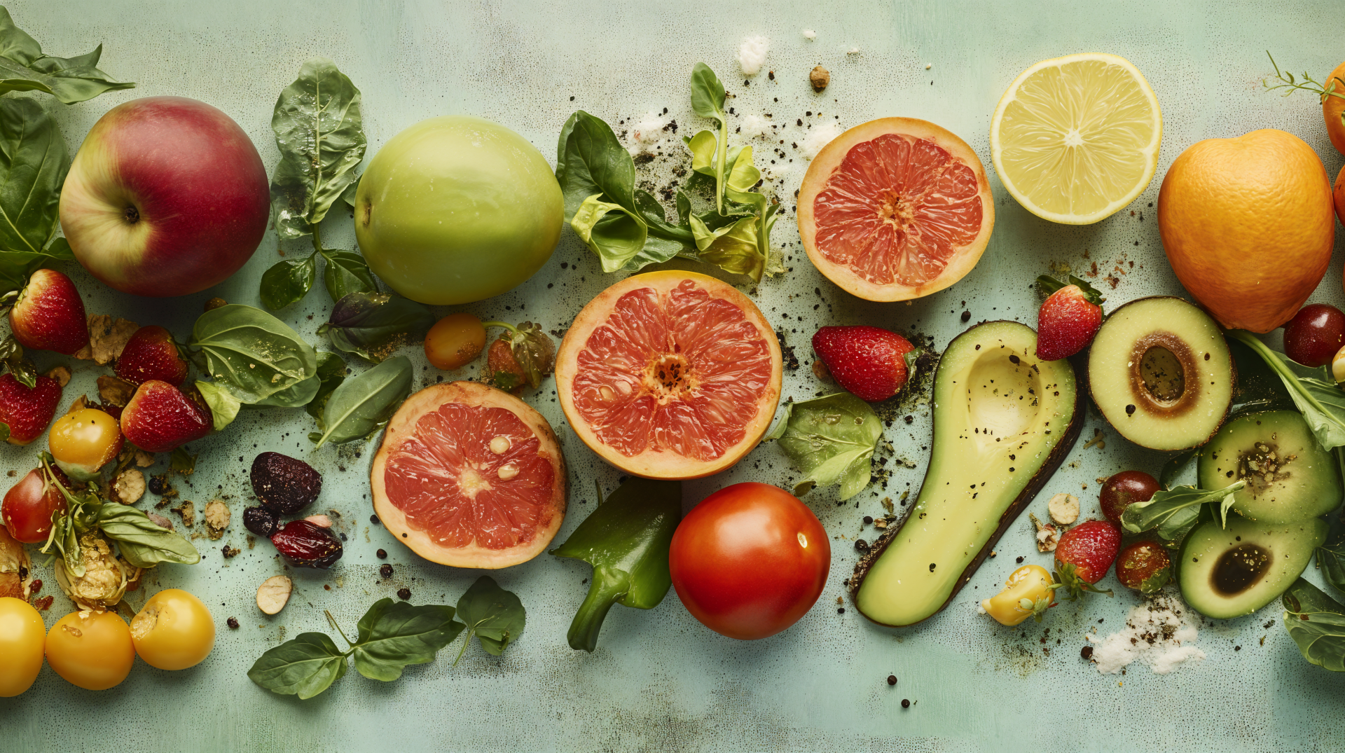 A vibrant array of fresh fruits and vegetables, including apples, grapefruit, avocado, and greens, beautifully arranged against a soft blue background, capturing the essence of healthy eating.