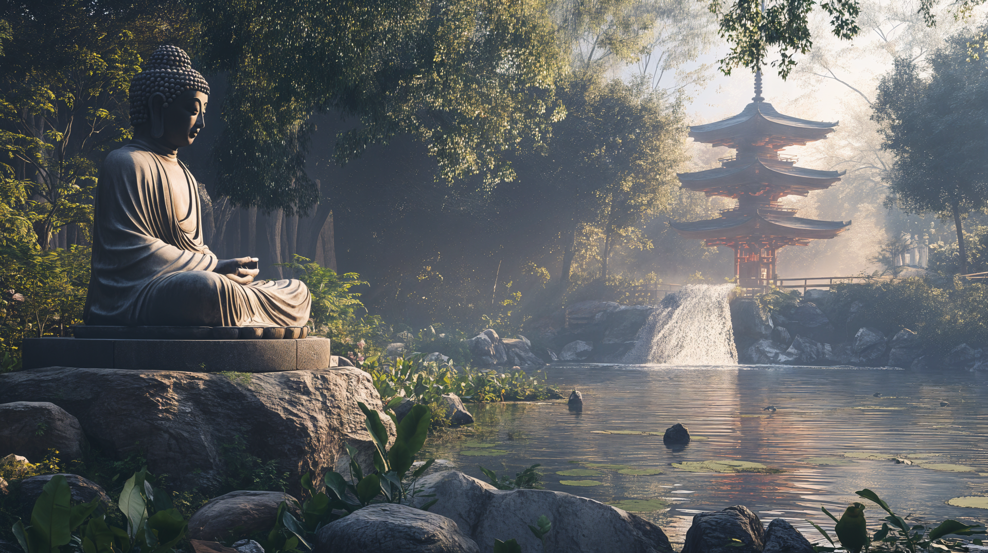 A serene scene featuring a tranquil Buddha statue by a peaceful pond, surrounded by lush greenery and a pagoda in the background. 4K Ultra HD desktop wallpaper depicting calmness.