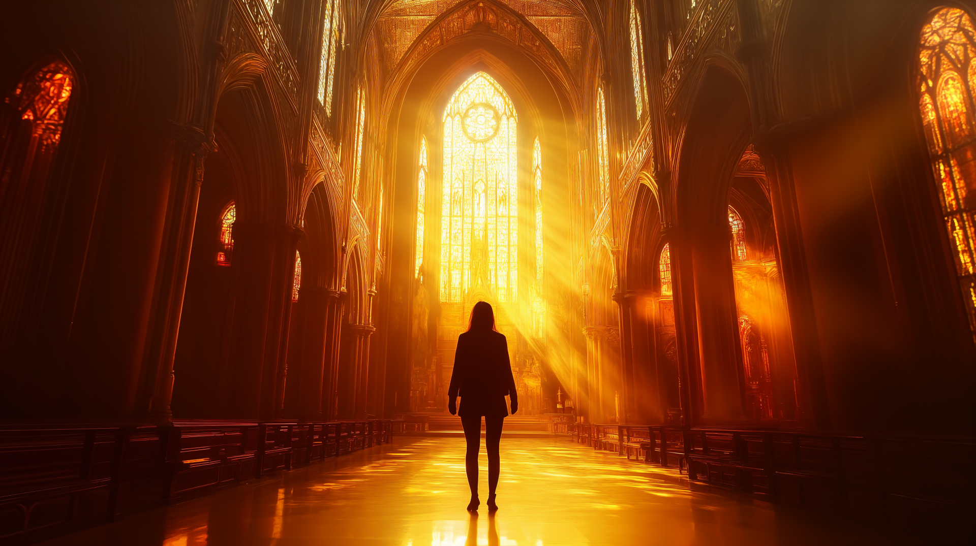 A serene church interior bathed in golden light, featuring a silhouetted figure standing in a reflective space, evokes a deep sense of faith and spirituality. 4K Ultra HD desktop wallpaper.