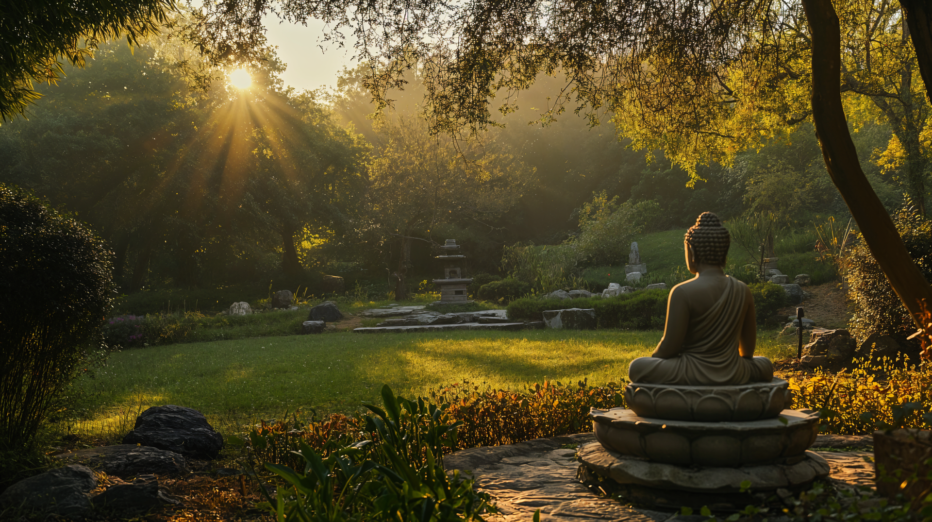 A serene garden scene featuring a Buddha statue, surrounded by lush greenery and gentle sunlight filtering through trees, captured in stunning 4K Ultra HD quality.