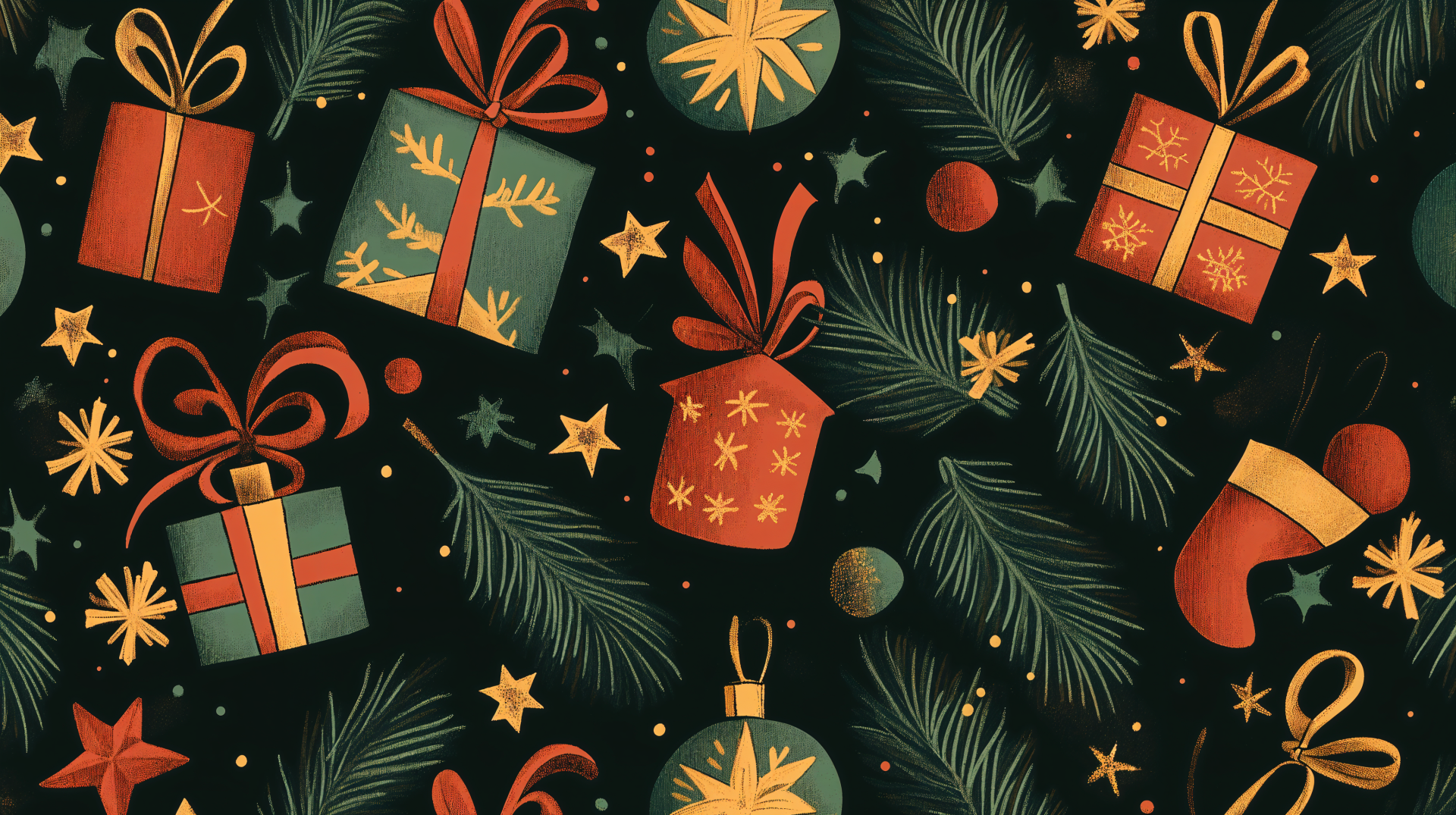 A festive holiday pattern featuring colorful gifts, ornaments, and stars, set against a dark background. This 4K Ultra HD wallpaper adds seasonal cheer to any desktop.