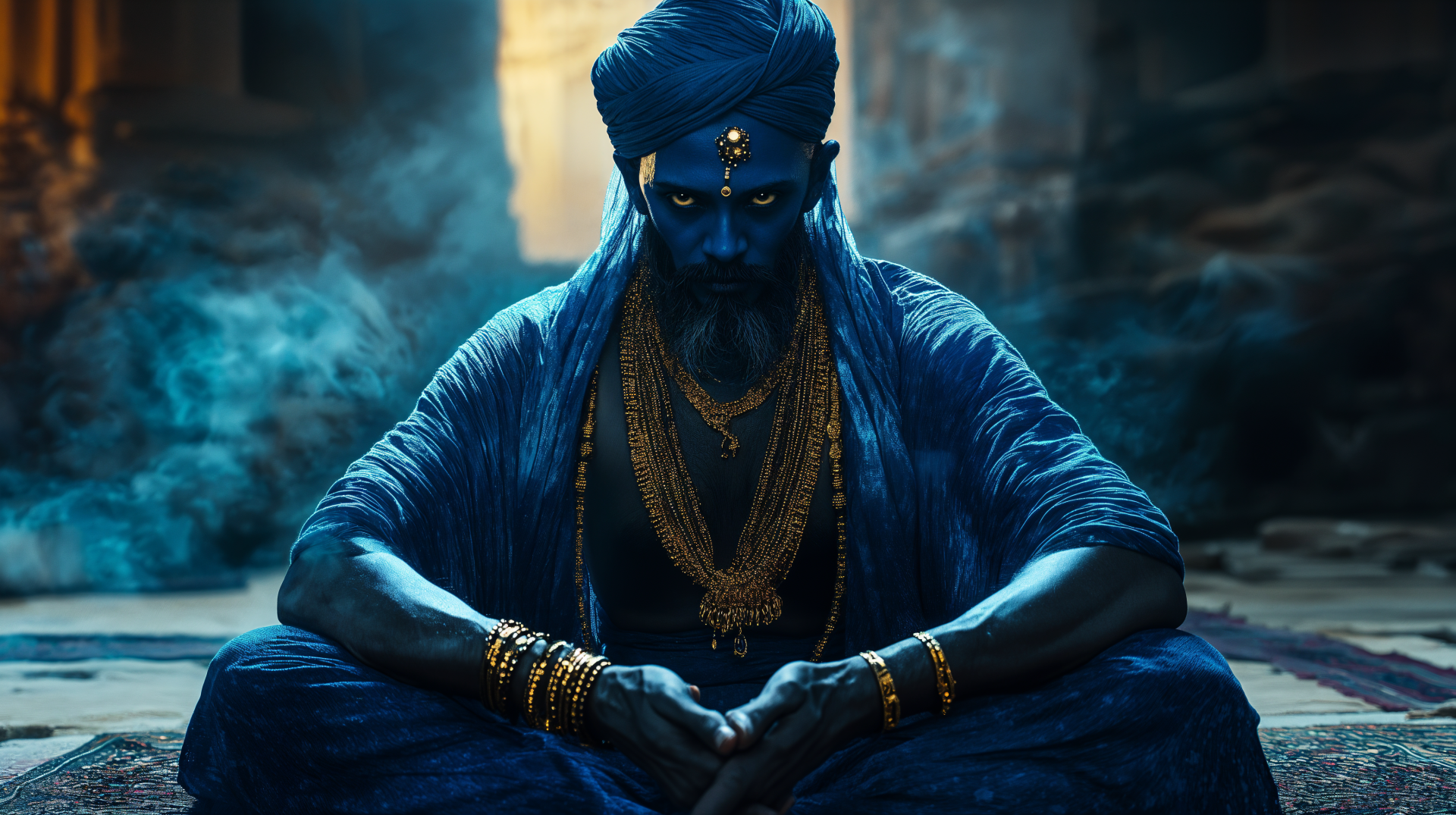 A captivating 4K Ultra HD desktop wallpaper featuring a serene djinn figure, adorned in gold jewelry, sitting in a mystical environment with blue tones and ethereal smoke.