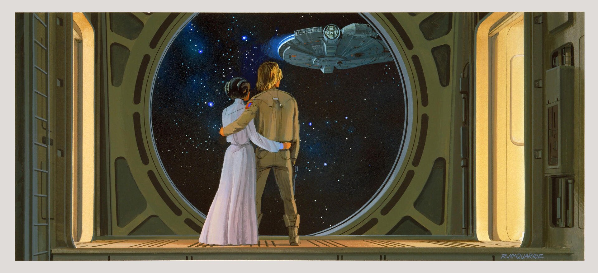 Princess Leia Organa and Luke Skywalker embrace while gazing at the Millennium Falcon against a backdrop of stars, captured in this stunning HD Star Wars desktop wallpaper.