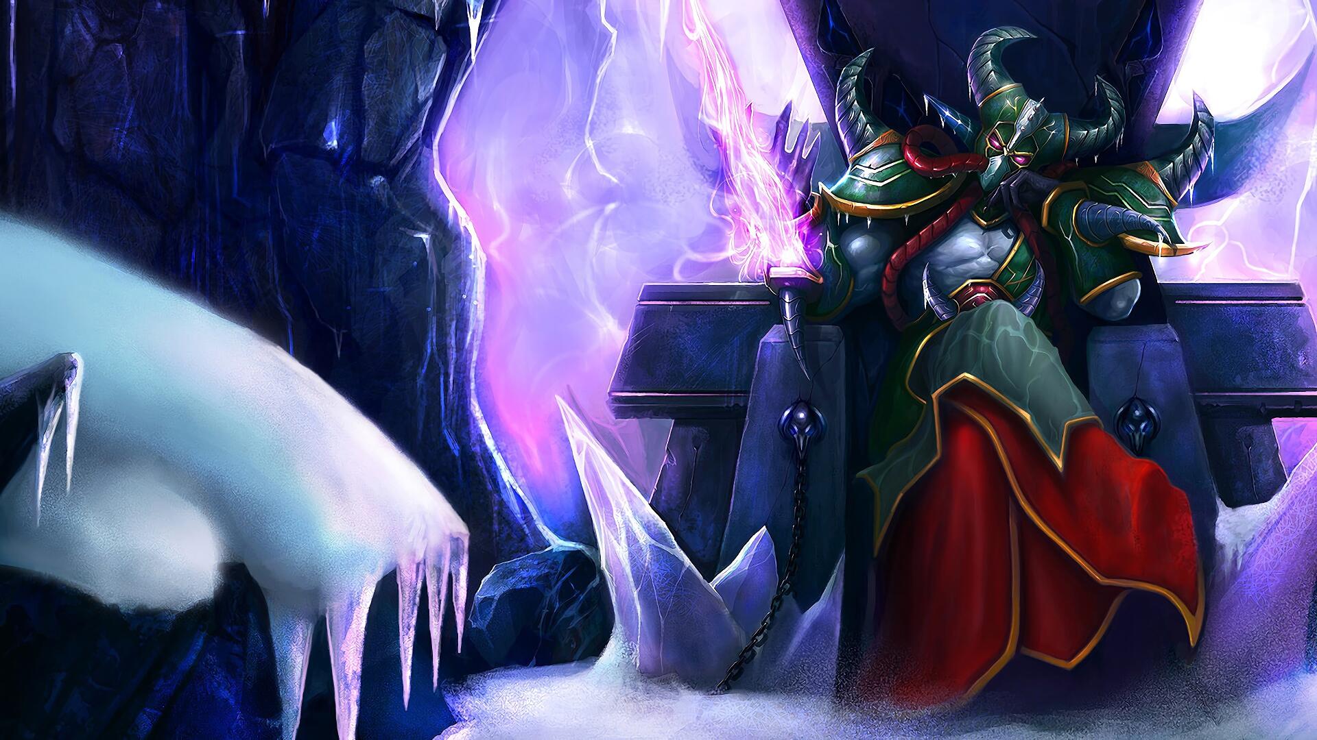 A vibrant 4K Ultra HD desktop wallpaper featuring Kassadin from League of Legends, seated on a throne amidst icy landscapes and mystical purple light.