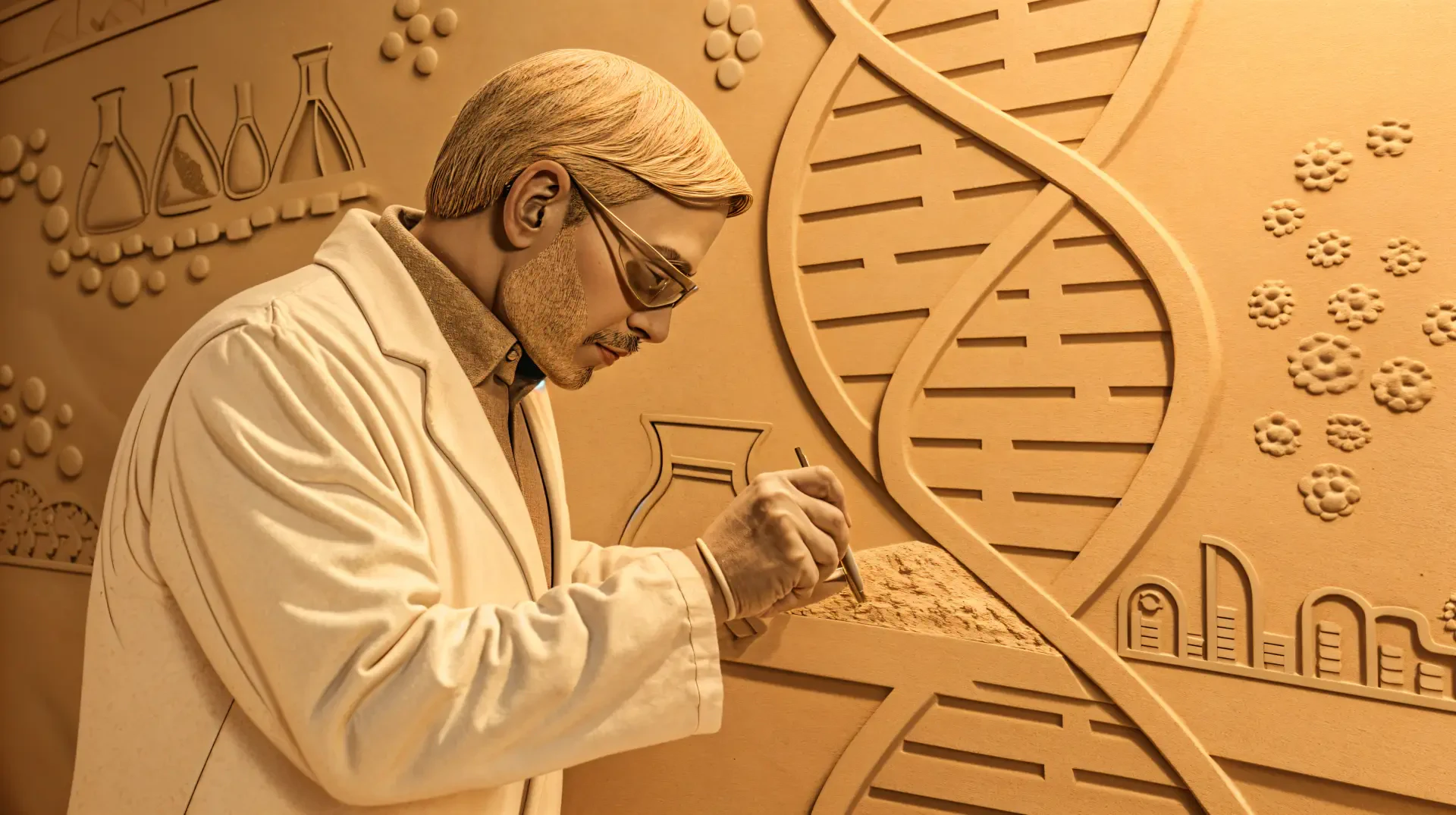 A detailed 4K Ultra HD wallpaper of a geneticist examining DNA strands, surrounded by scientific equipment, showcasing a blend of artistry and scientific inquiry.