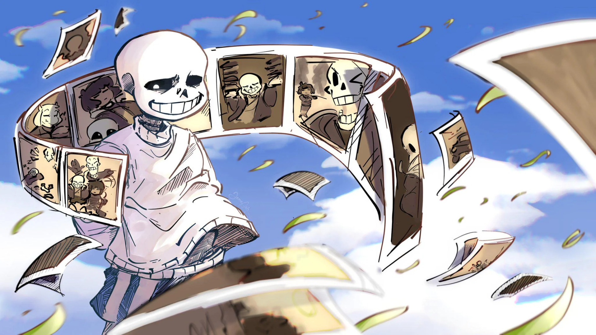 HD PC desktop wallpaper featuring Sans from Undertale surrounded by floating comic panels against a bright blue sky.