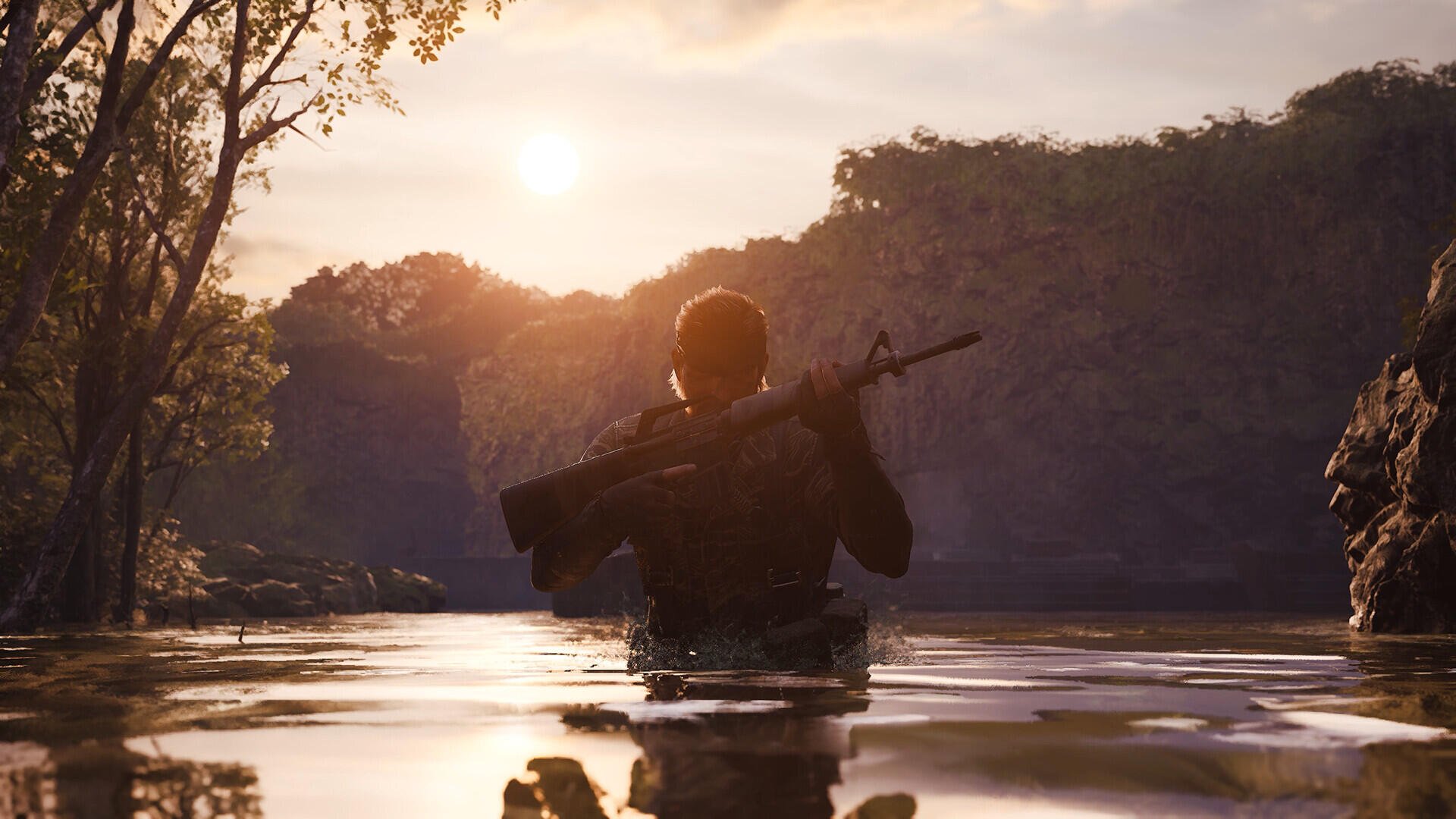 A serene HD wallpaper featuring Solid Snake from Metal Gear Solid Δ: Snake Eater, wading through water against a stunning sunset backdrop.