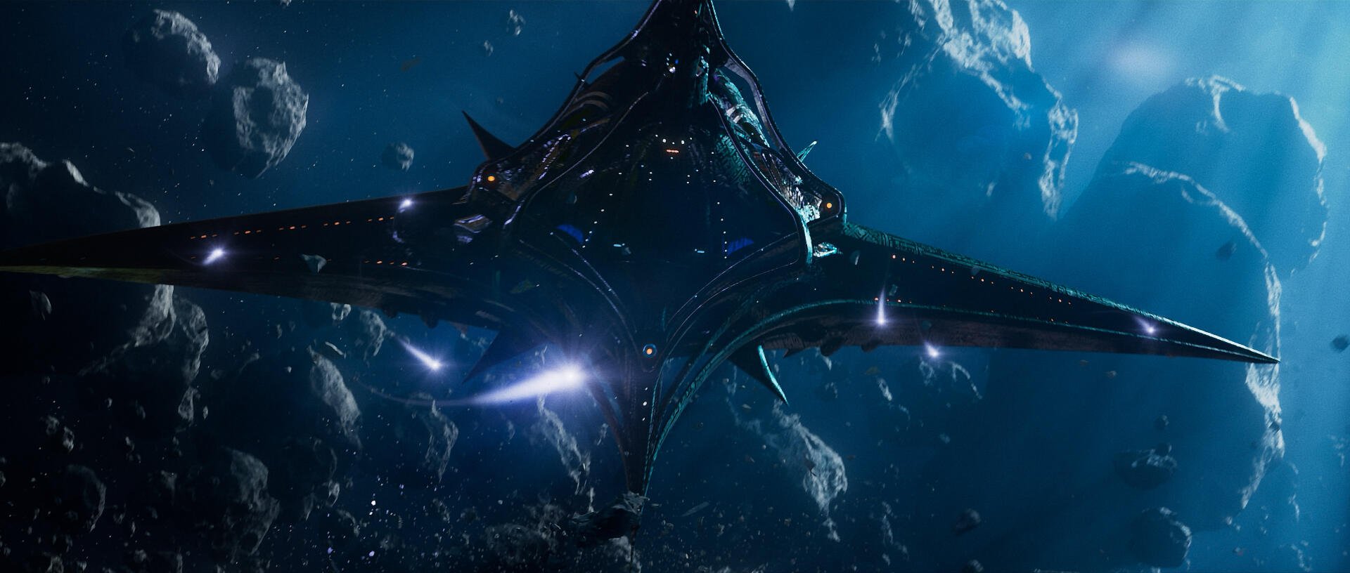 A captivating HD desktop wallpaper featuring a futuristic spacecraft from the video game Exodus (2024), set against a backdrop of asteroids and deep space.