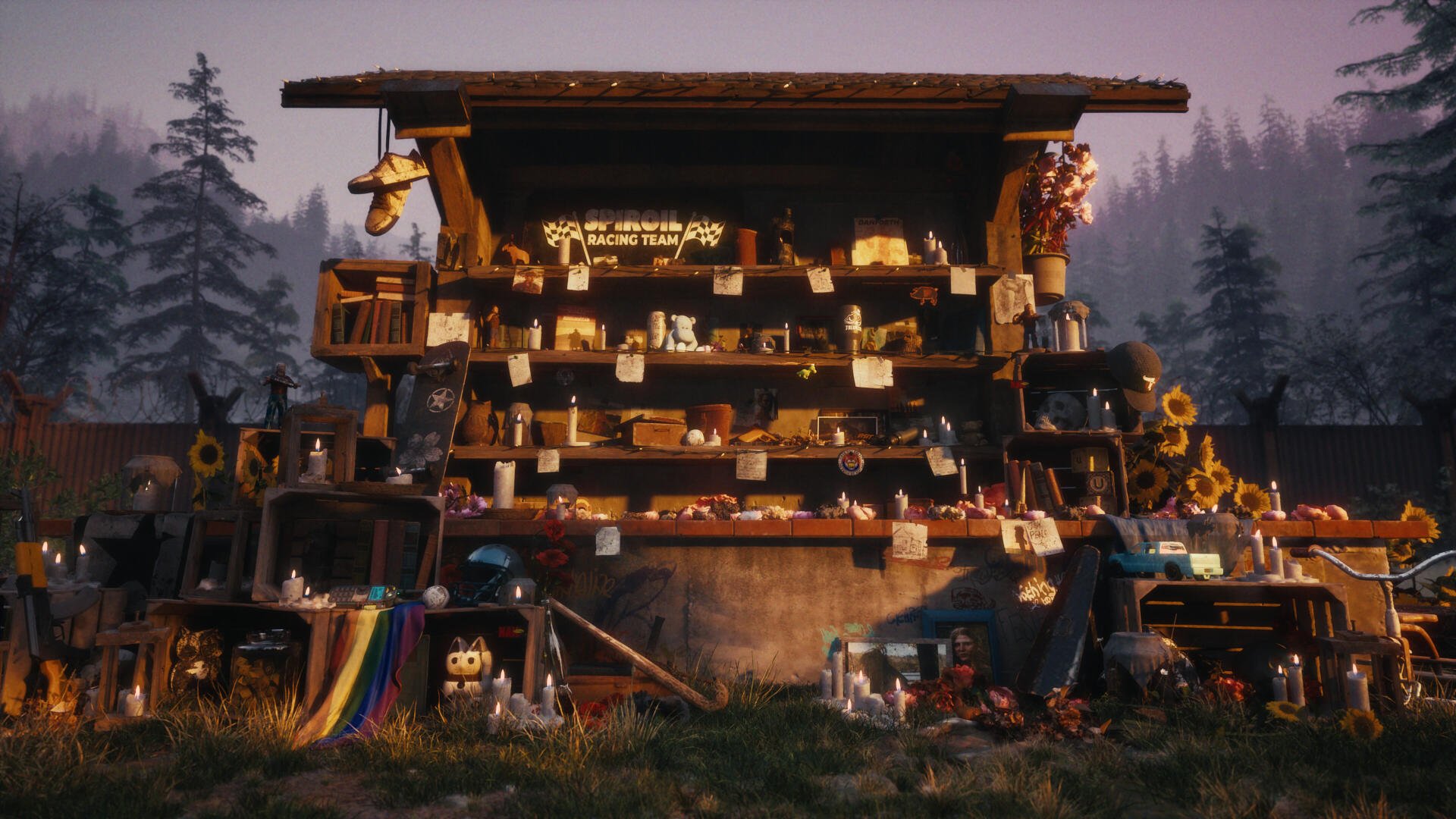 A richly detailed scene from State of Decay 3 features a cluttered wooden stand filled with various items against a backdrop of trees, showcasing the game's vibrant 4K Ultra HD graphics.