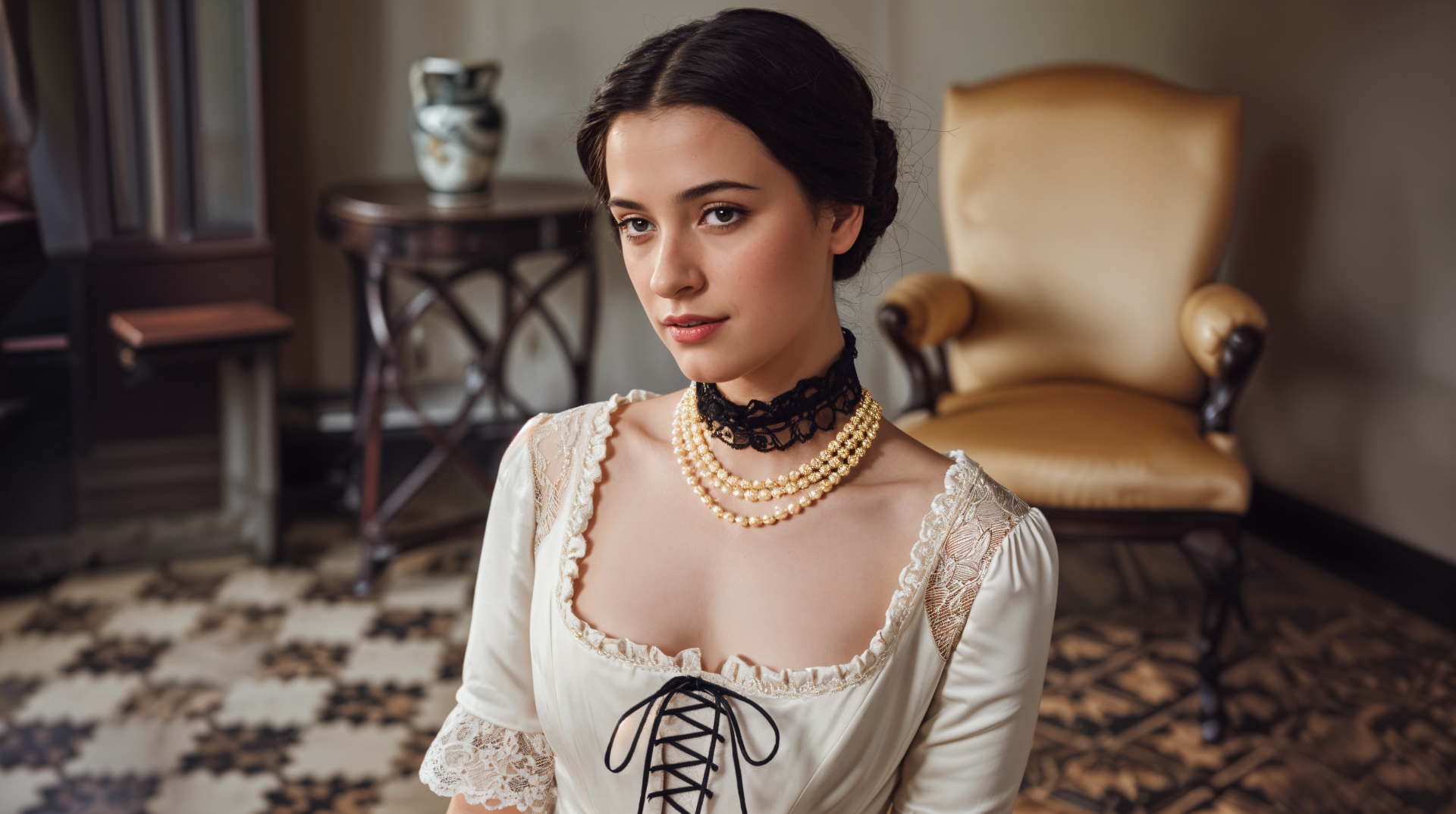 A woman in a Victorian-era dress poses elegantly in a beautifully styled room, featuring a decorative floor and antique chair, captured in 4K Ultra HD.