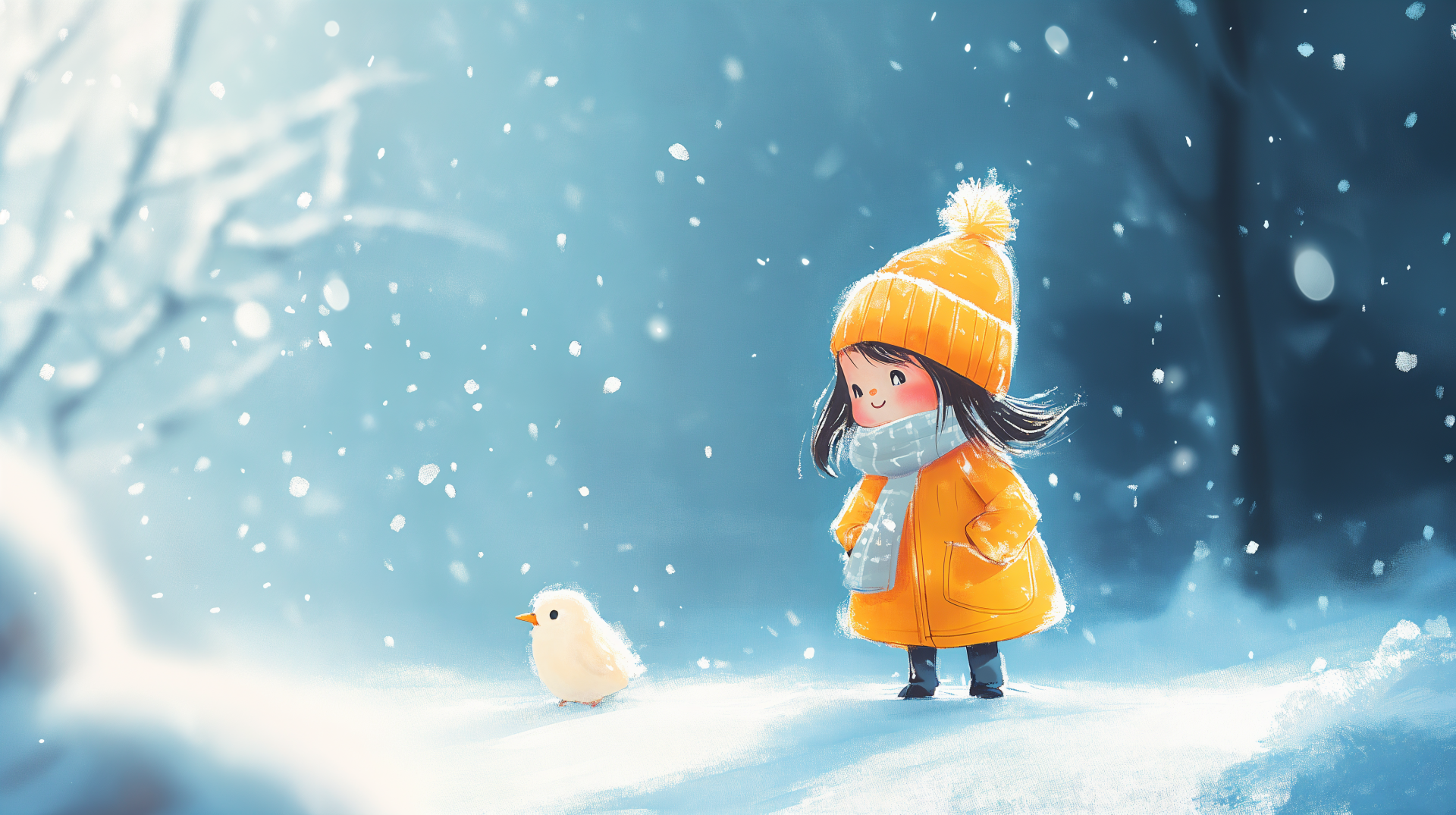 A cute winter scene featuring a girl in a bright orange coat and hat, standing in the snow with a small chick, captured in a vibrant 4K Ultra HD desktop wallpaper.