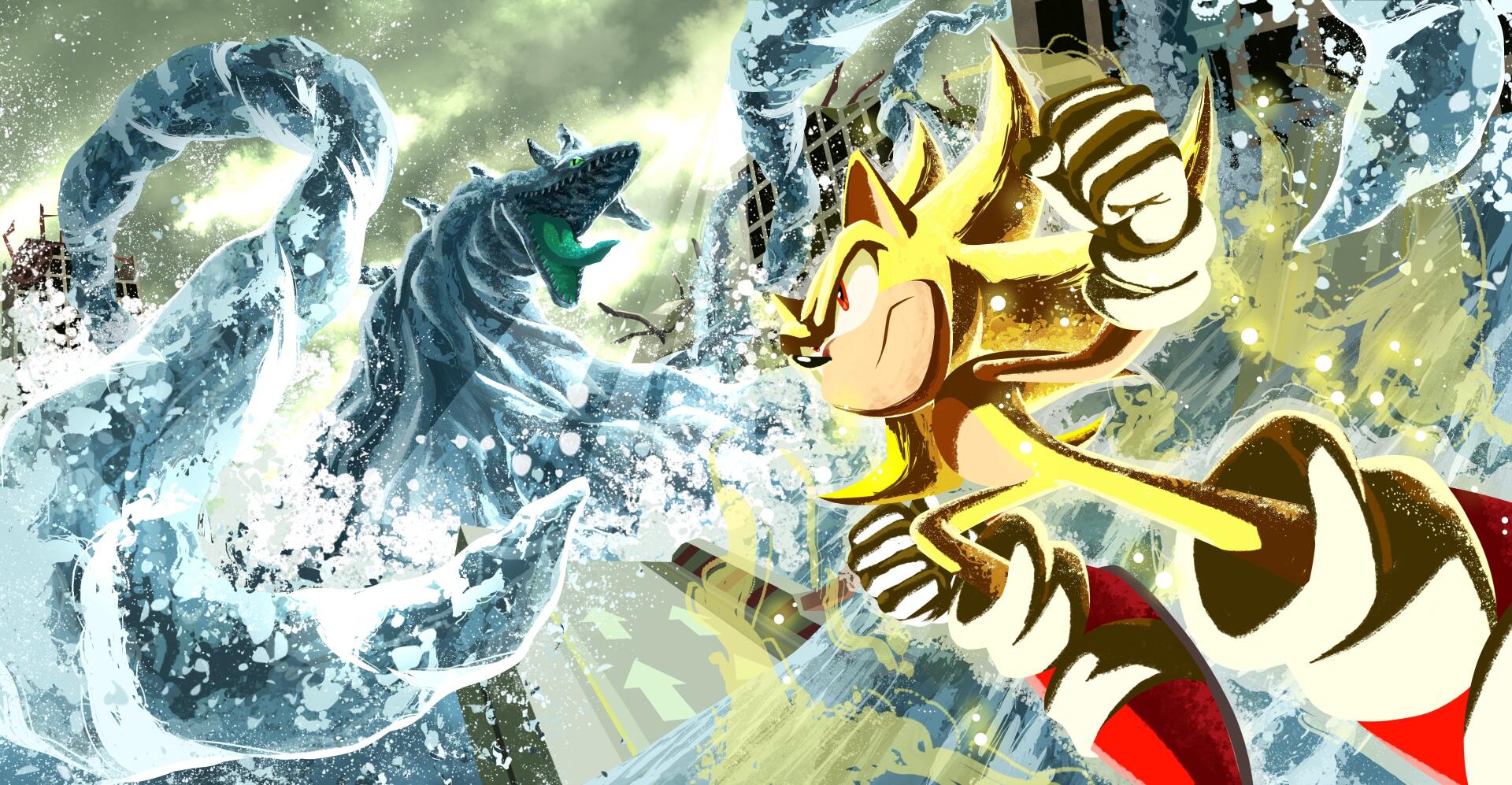 HD PC desktop wallpaper featuring Super Sonic facing off against Chaos from Sonic Adventure in a dynamic, action-packed scene.