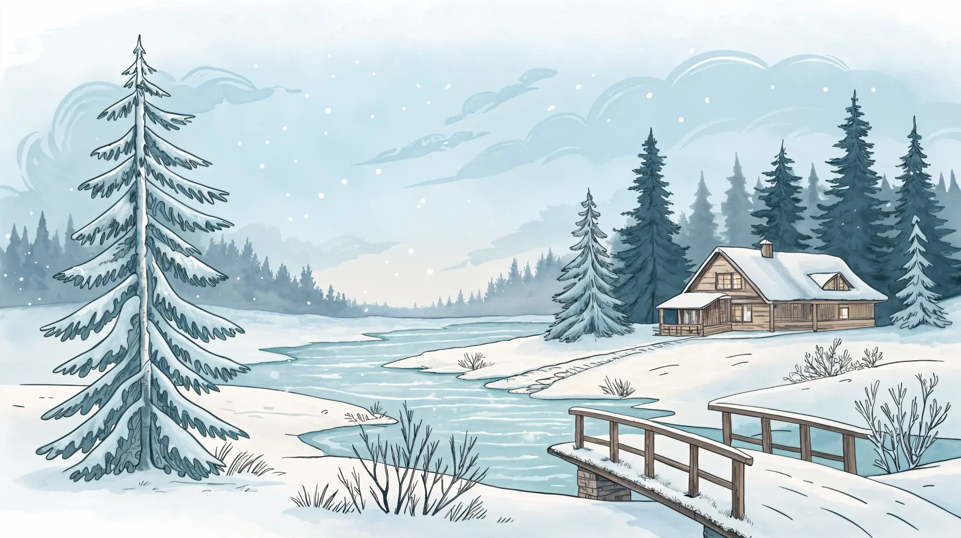 A serene winter scene featuring a cozy cabin by a river, surrounded by snow-covered trees and gentle snowfall, captured in vibrant 4K Ultra HD for your desktop wallpaper.