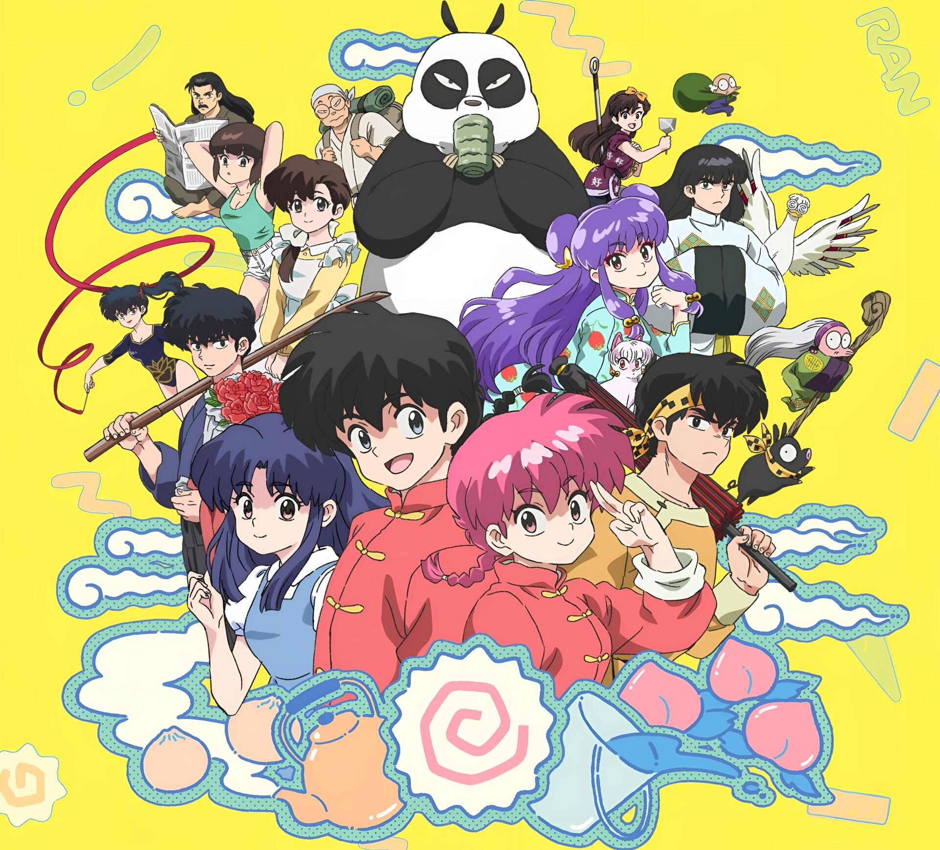 HD PC desktop wallpaper featuring vibrant characters from the anime Ranma ½, showcasing its colorful and dynamic cast against a bright yellow background.