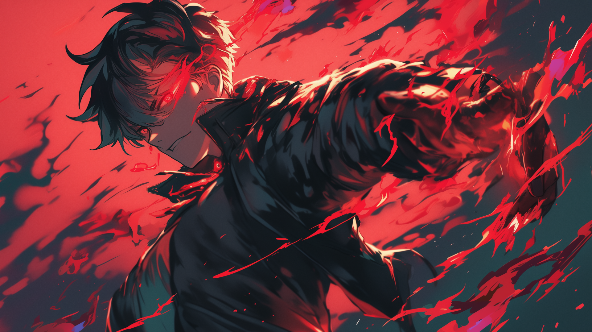 An anime boy with striking features and a dark aura stands against a backdrop of swirling red flames. This HD wallpaper captures intense energy and vibrant colors.
