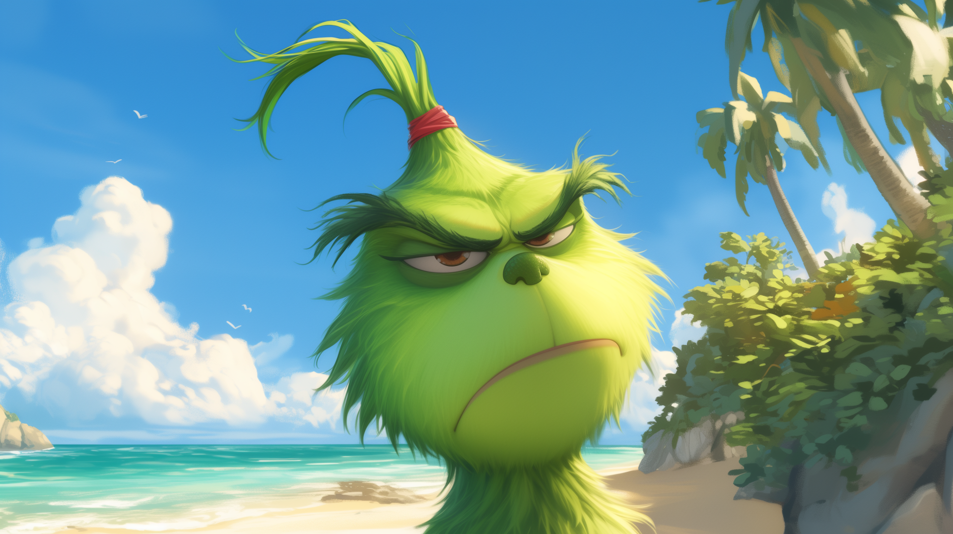 A vibrant HD desktop wallpaper featuring the Grinch, with a disgruntled expression against a backdrop of a sunny beach and palm trees, capturing his signature mischievous charm.