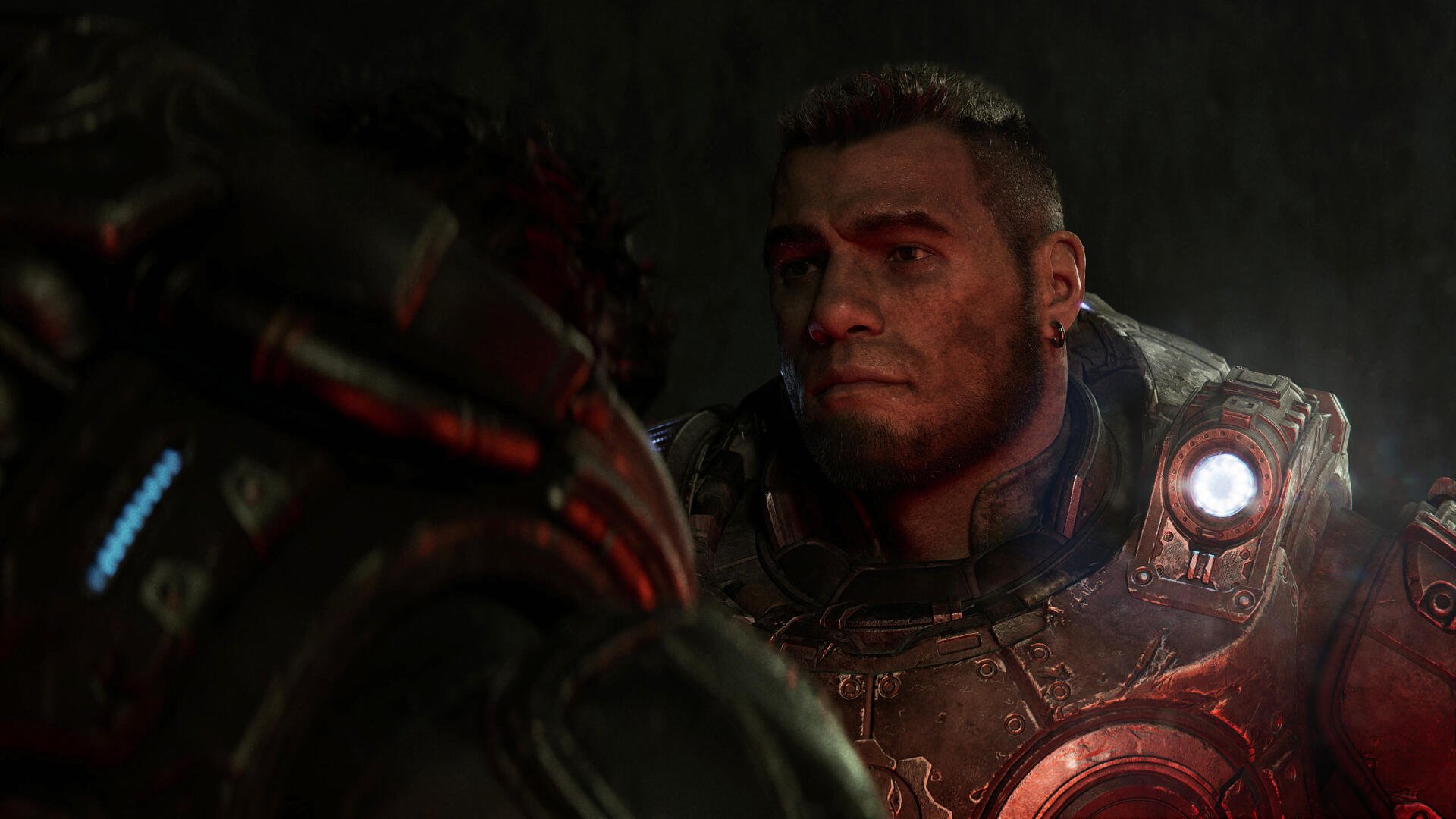 A dramatic scene from the video game Gears of War: E-Day, showcasing a character in a detailed armor, set against a dark background in stunning 4K Ultra HD.