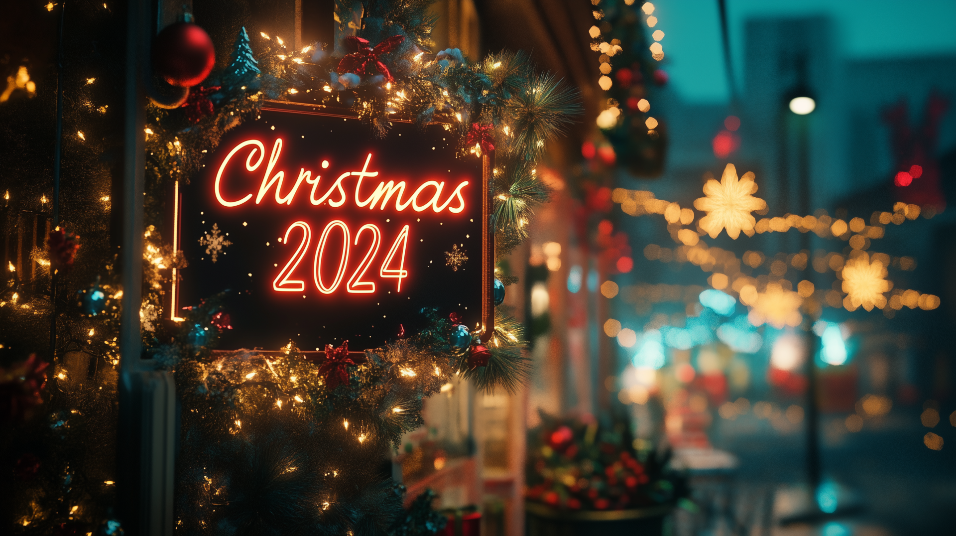 A festive sign reading Christmas 2024 illuminated with lights, surrounded by colorful Christmas ornaments, creates a cheerful holiday atmosphere in this HD desktop wallpaper.