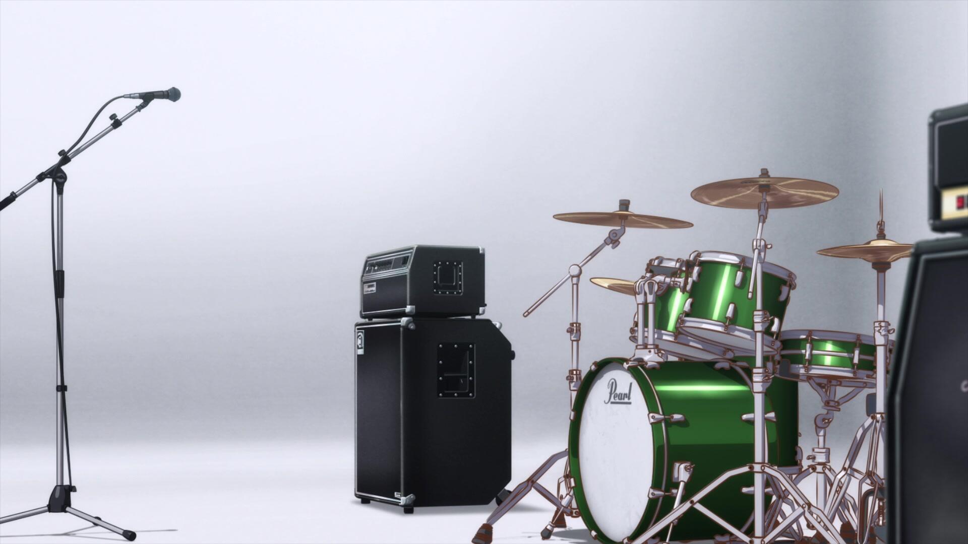 HD anime desktop wallpaper featuring a green drum set, microphone, and amplifier, inspired by the Given Movie: Hiiragi Mix.
